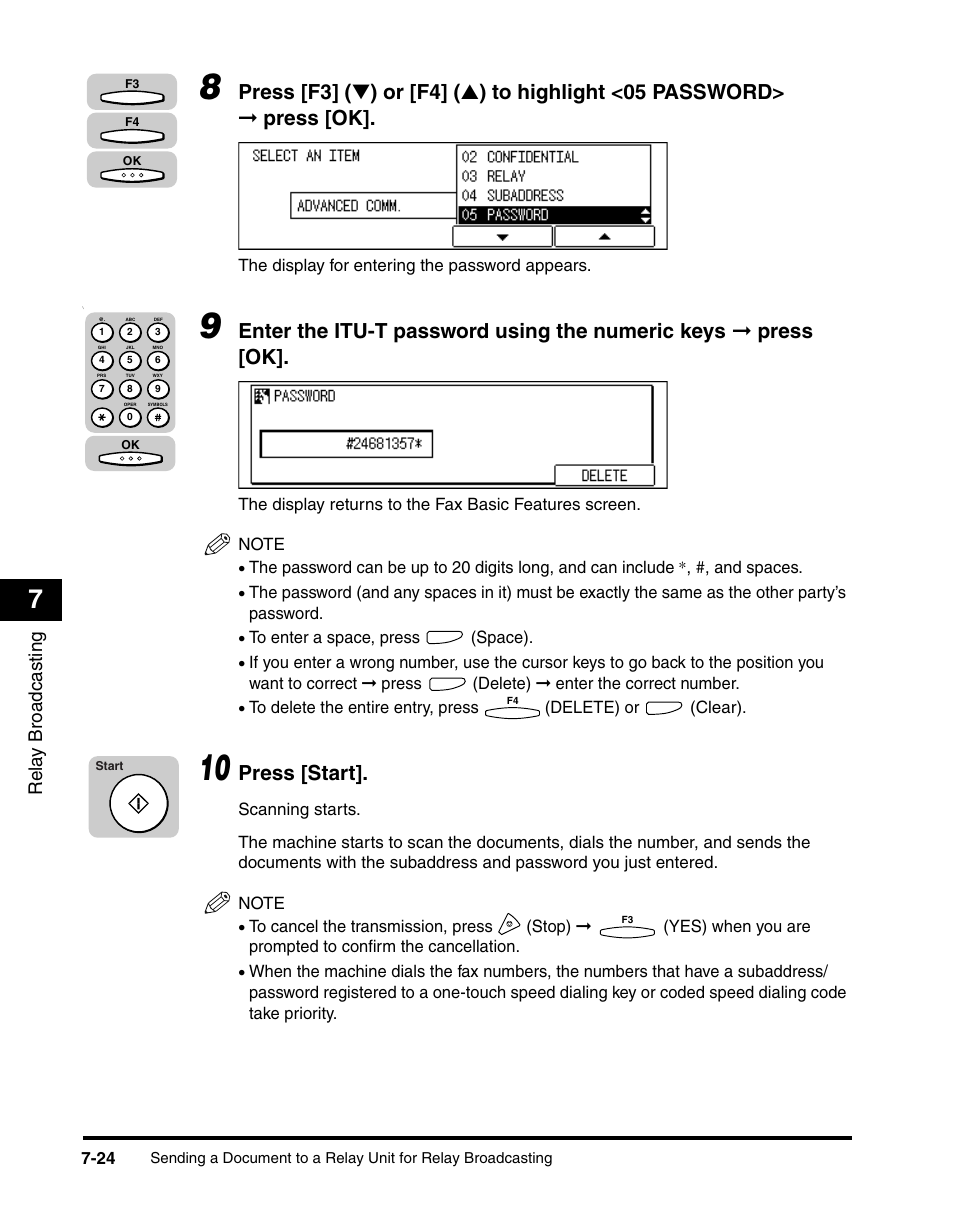 Press [start, Rela y broadcasting | Canon IMAGERUNNER 2010F User Manual | Page 231 / 382