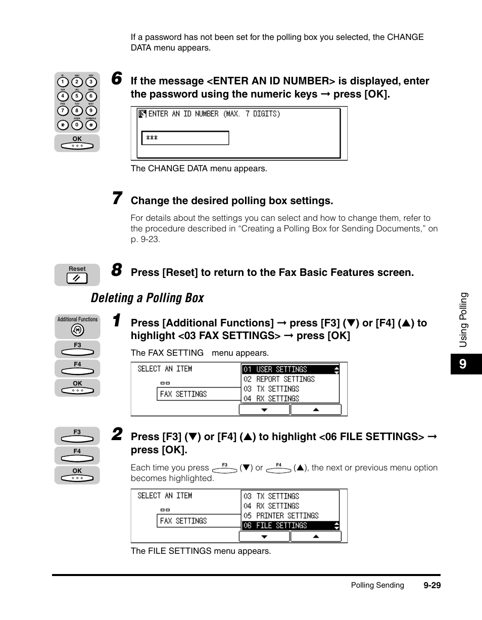 Deleting a polling box -29, Deleting a polling box, Change the desired polling box settings | Canon IMAGERUNNER 2010F User Manual | Page 280 / 382