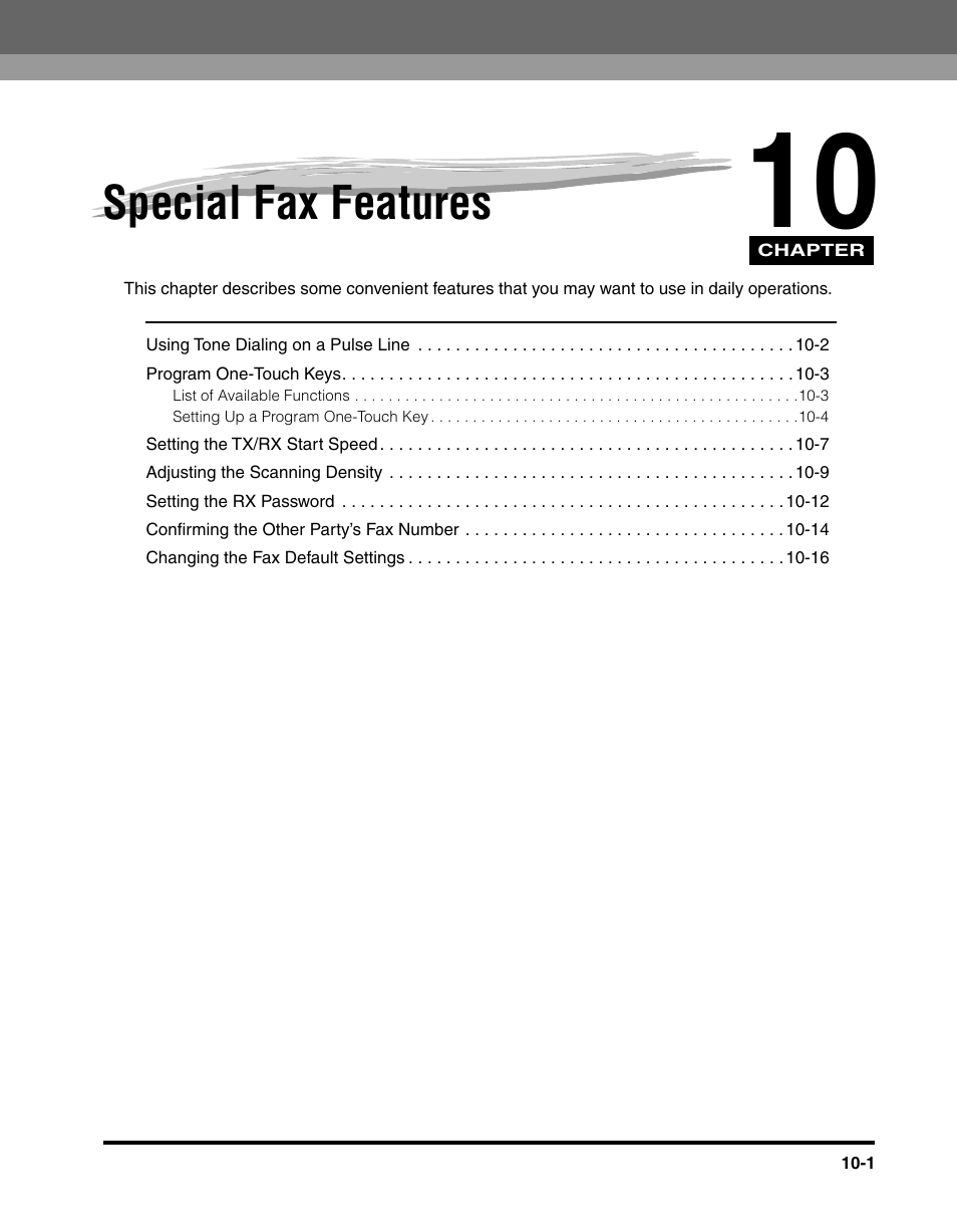Special fax features, Chapter 10 special fax features | Canon IMAGERUNNER 2010F User Manual | Page 284 / 382