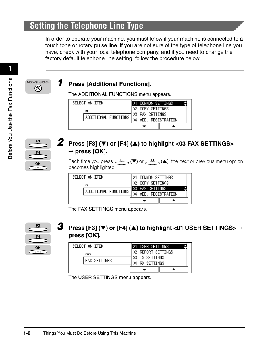 Setting the telephone line type, Setting the telephone line type -8 | Canon IMAGERUNNER 2010F User Manual | Page 29 / 382