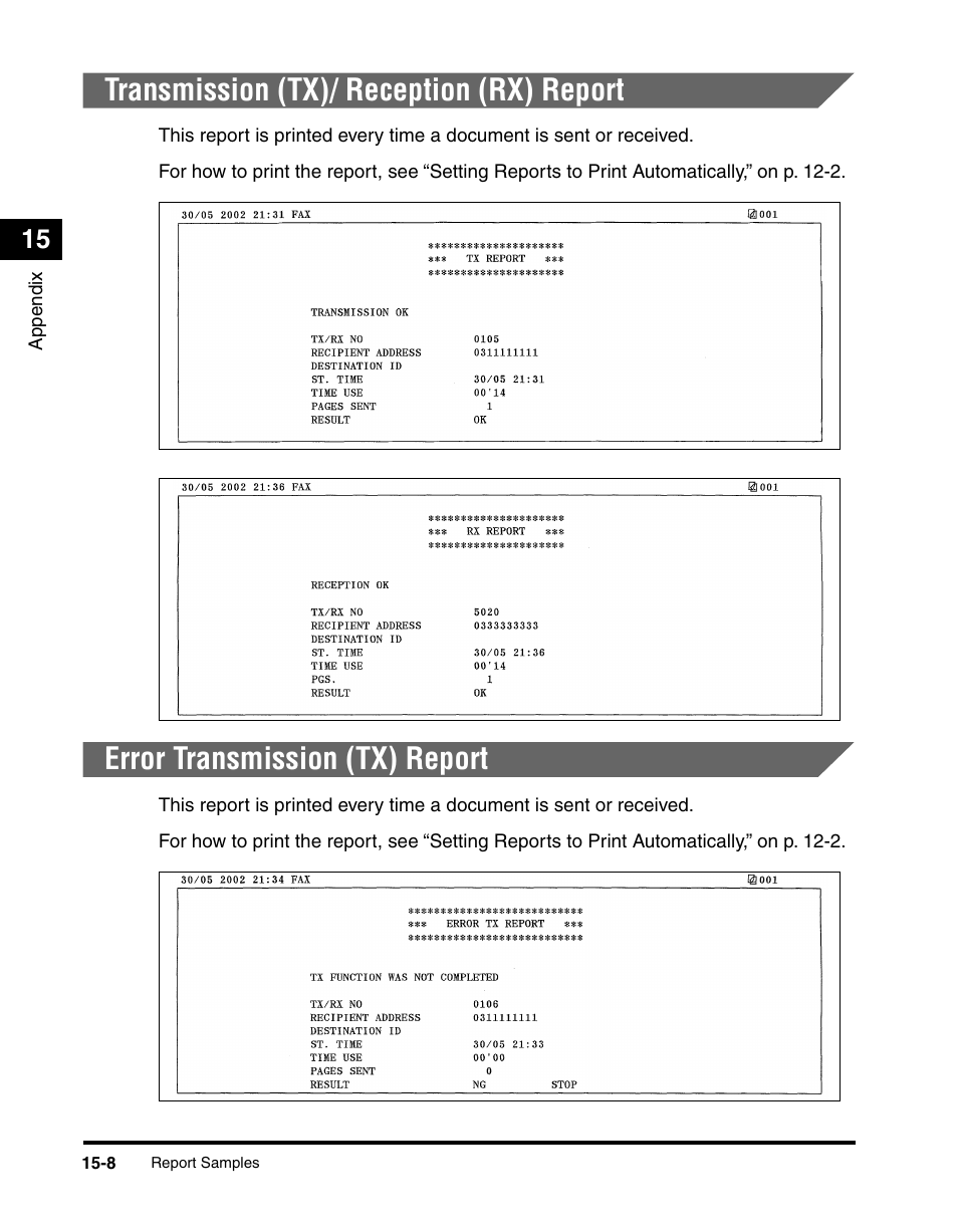 Transmission (tx)/ reception (rx) report, Error transmission (tx) report | Canon IMAGERUNNER 2010F User Manual | Page 363 / 382