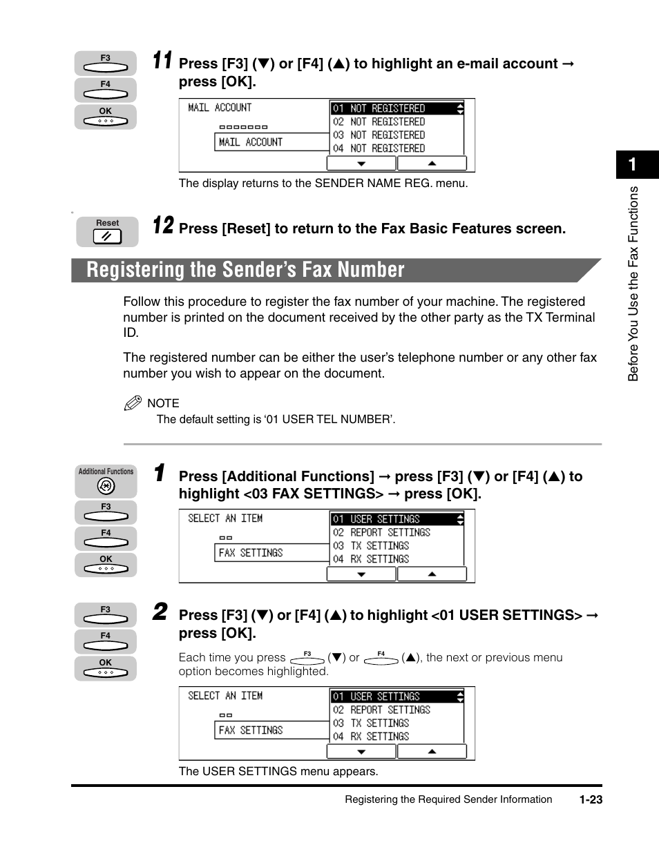 Registering the sender’s fax number, Registering the sender’s fax number -23 | Canon IMAGERUNNER 2010F User Manual | Page 44 / 382