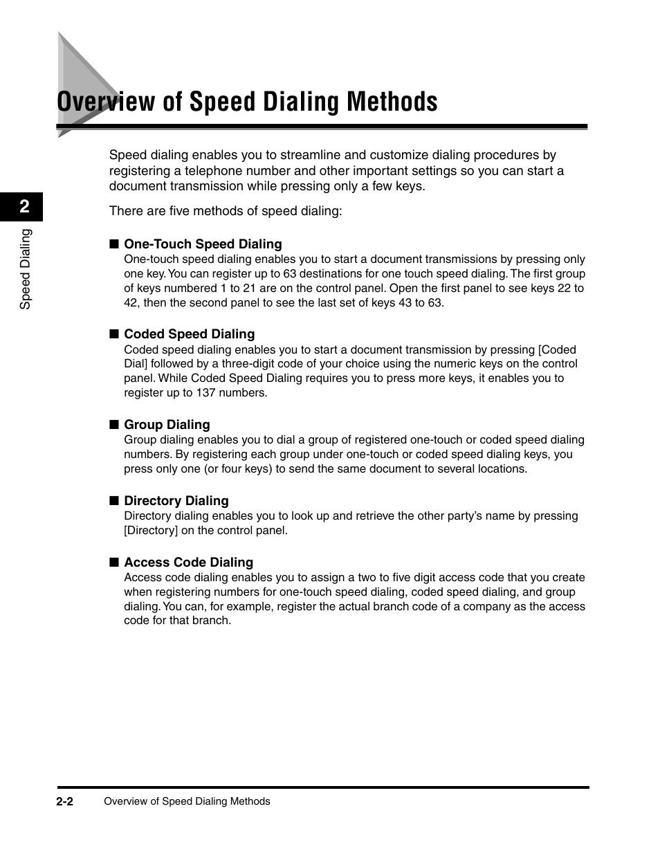 Overview of speed dialing methods, Overview of speed dialing methods -2 | Canon IMAGERUNNER 2010F User Manual | Page 47 / 382