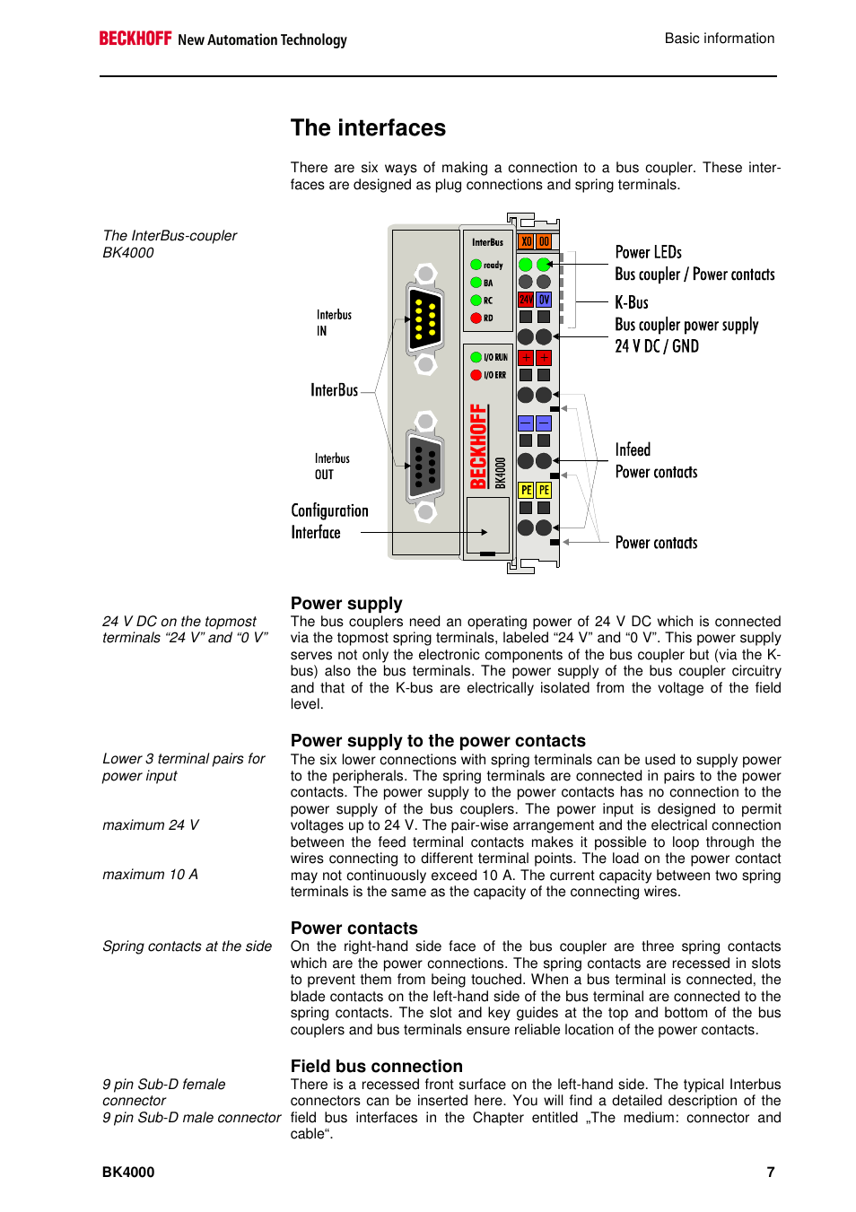 The interfaces, Power supply, Power supply to the power contacts | Power contacts, Field bus connection | BECKHOFF BK4000 User Manual | Page 7 / 28