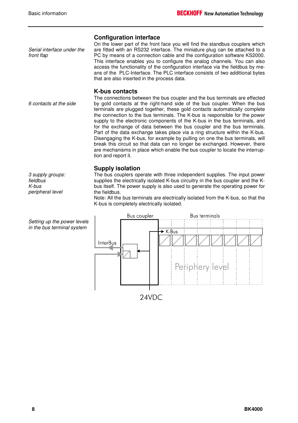 Configuration interface, K-bus contacts, Supply isolation | BECKHOFF BK4000 User Manual | Page 8 / 28