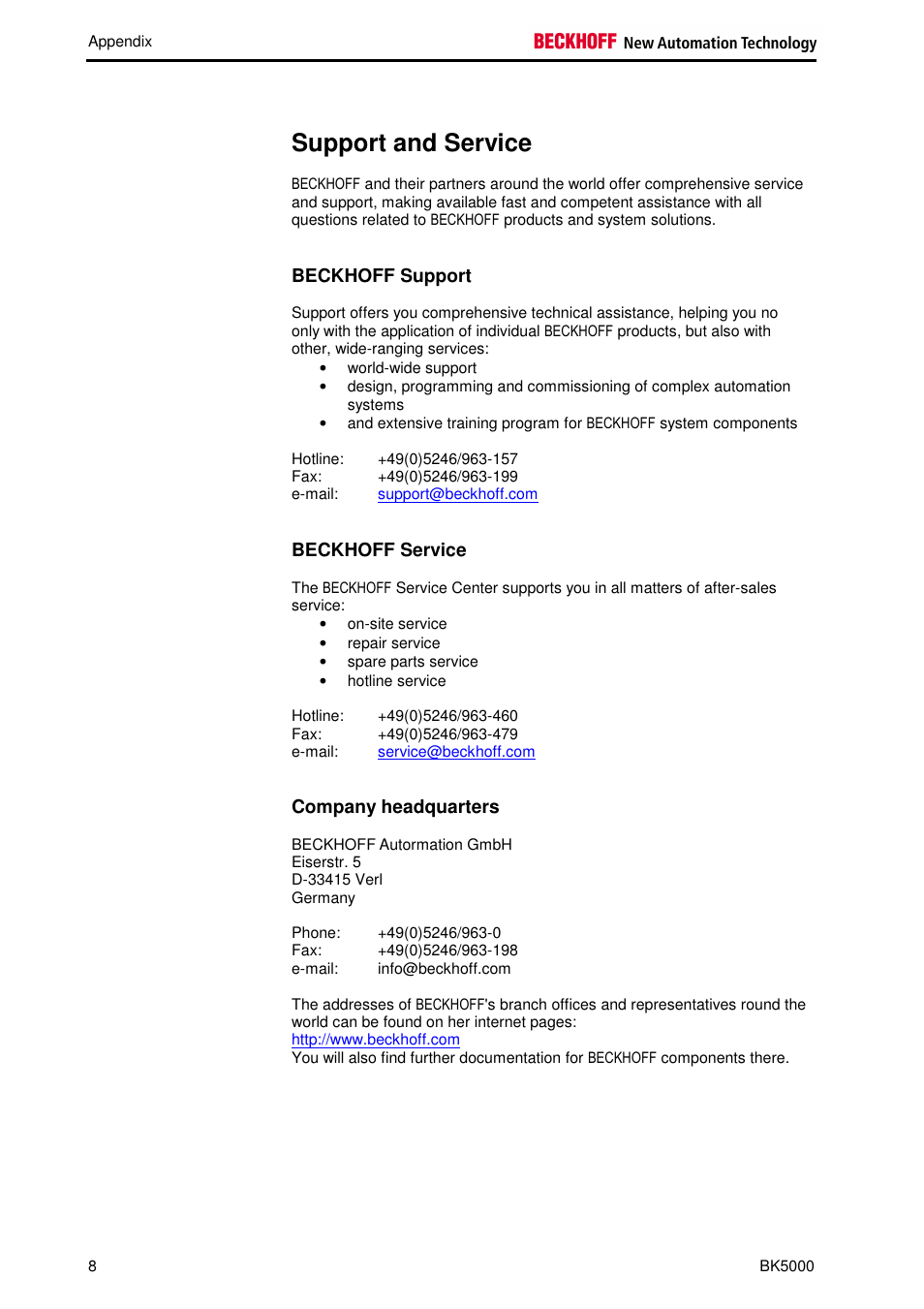 Support and service | BECKHOFF BK5000 User Manual | Page 12 / 12