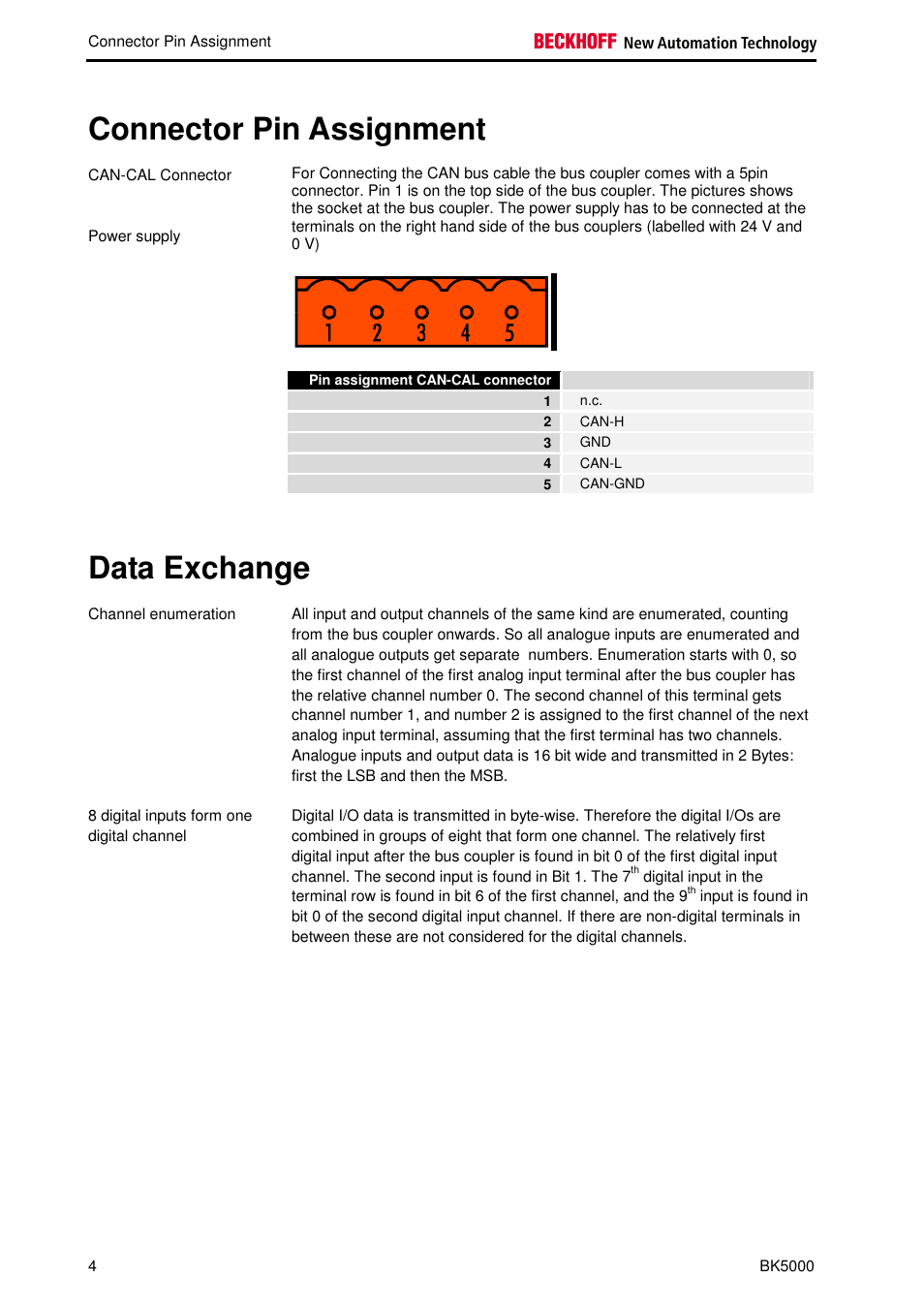 Connector pin assignment, Data exchange | BECKHOFF BK5000 User Manual | Page 8 / 12