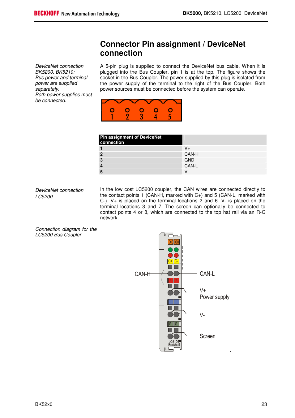 Connector pin assignment / devicenet connection, Power supply, Can-l v+ v- screen can-h | BECKHOFF BK5200 User Manual | Page 23 / 32
