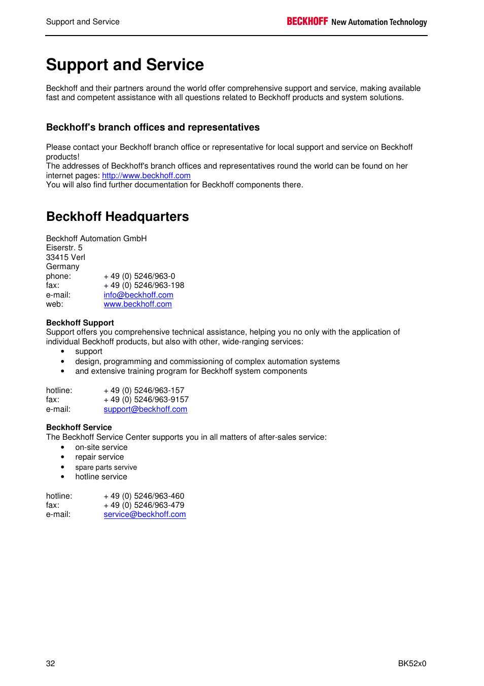 Support and service, Beckhoff headquarters, Beckhoff's branch offices and representatives | BECKHOFF BK5200 User Manual | Page 32 / 32