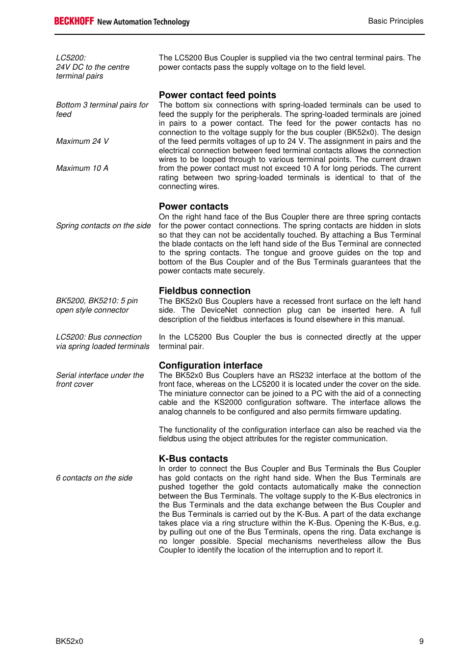 Power contact feed points, Power contacts, Fieldbus connection | Configuration interface, K-bus contacts | BECKHOFF BK5200 User Manual | Page 9 / 32