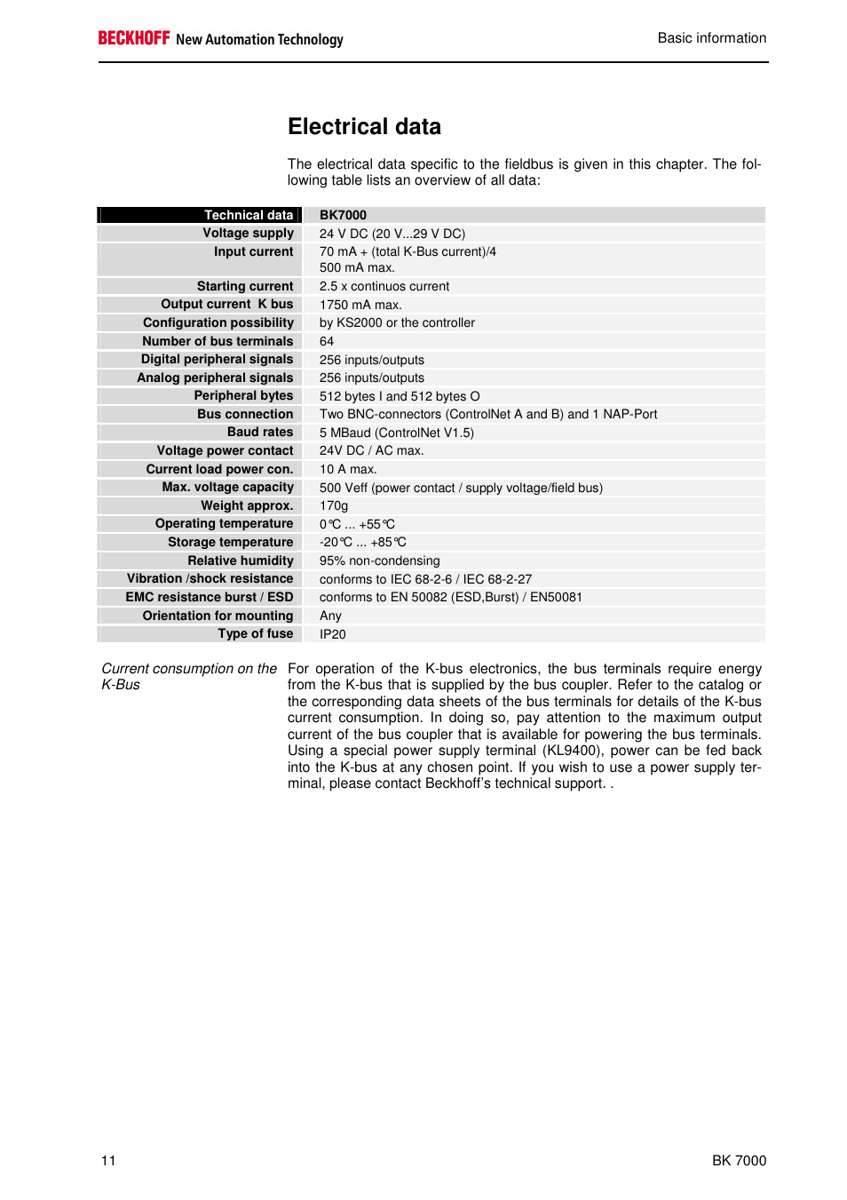 Electrical data | BECKHOFF BK7000 User Manual | Page 12 / 29