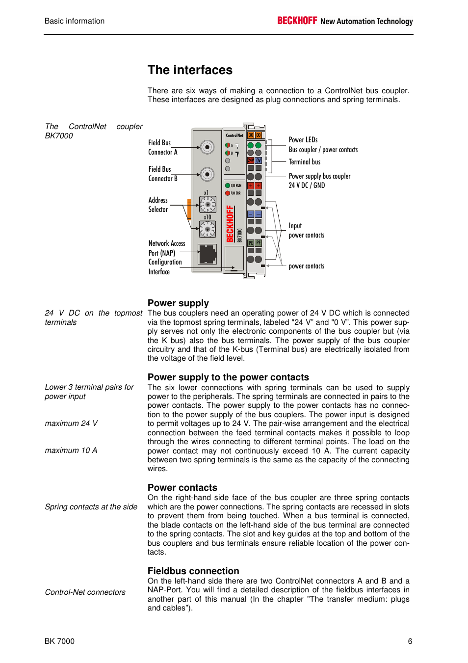 The interfaces, Power supply, Power supply to the power contacts | Power contacts, Fieldbus connection | BECKHOFF BK7000 User Manual | Page 7 / 29