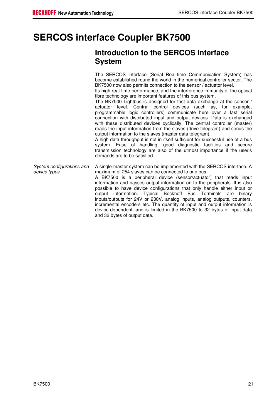 Sercos interface coupler bk7500, Introduction to the sercos interface system | BECKHOFF BK7500 User Manual | Page 21 / 32