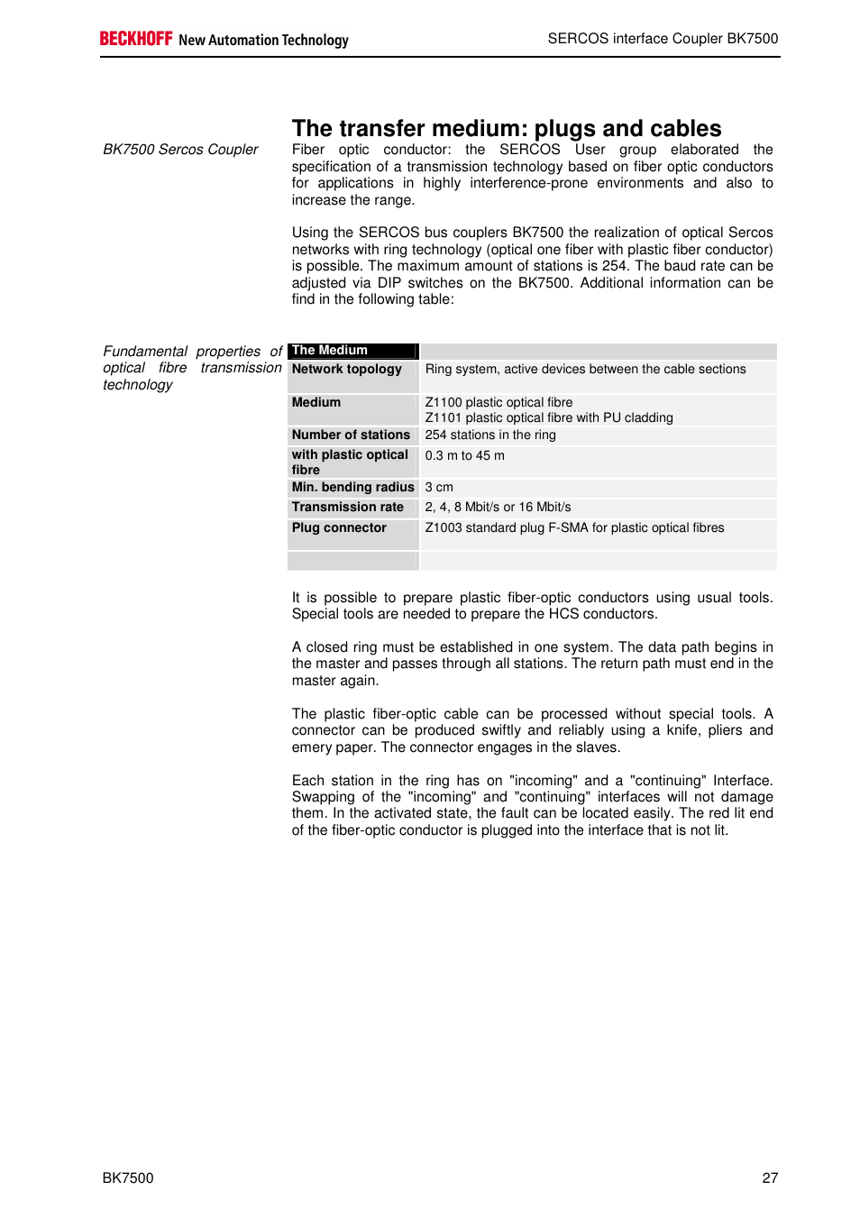 The transfer medium: plugs and cables | BECKHOFF BK7500 User Manual | Page 27 / 32