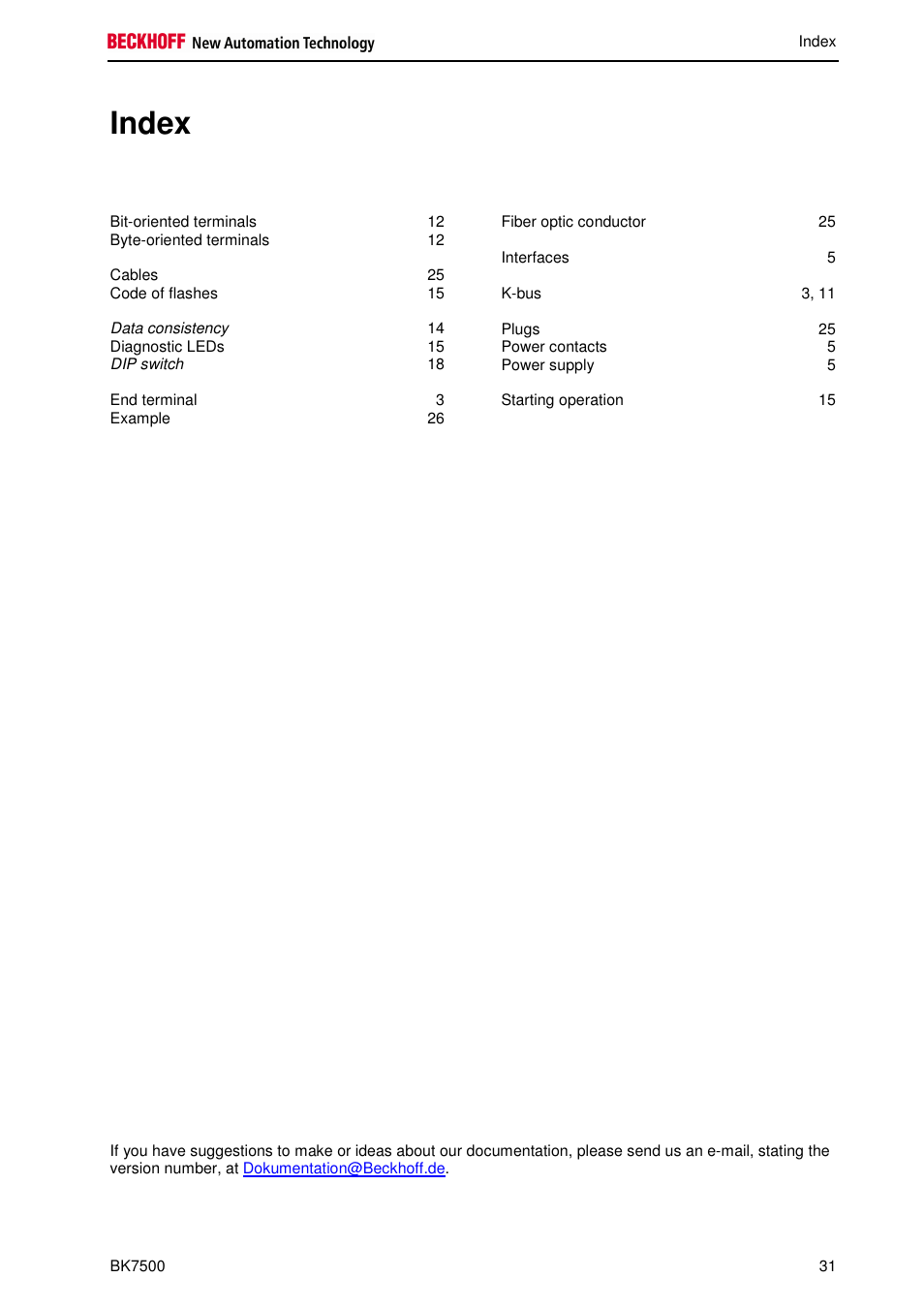 Index | BECKHOFF BK7500 User Manual | Page 31 / 32