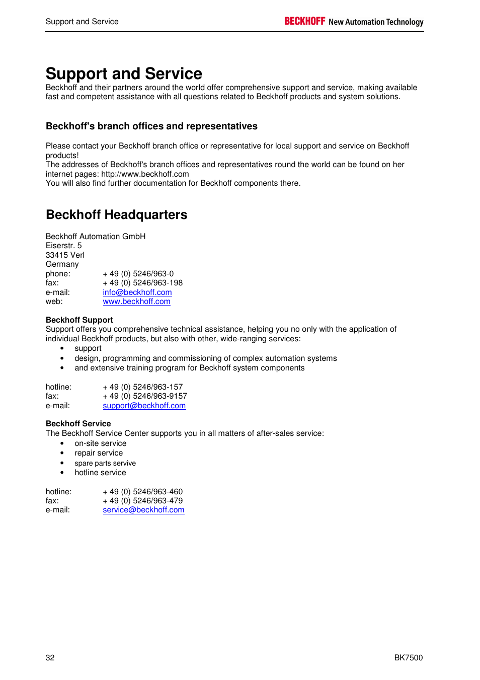 Support and service, Beckhoff headquarters, Beckhoff's branch offices and representatives | BECKHOFF BK7500 User Manual | Page 32 / 32