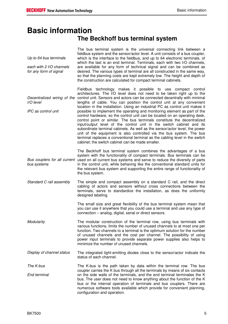 Basic information, The beckhoff bus terminal system | BECKHOFF BK7500 User Manual | Page 5 / 32