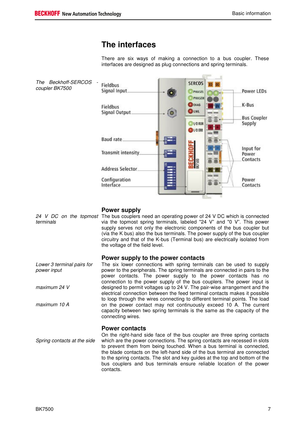 The interfaces, Power supply, Power supply to the power contacts | Power contacts | BECKHOFF BK7500 User Manual | Page 7 / 32