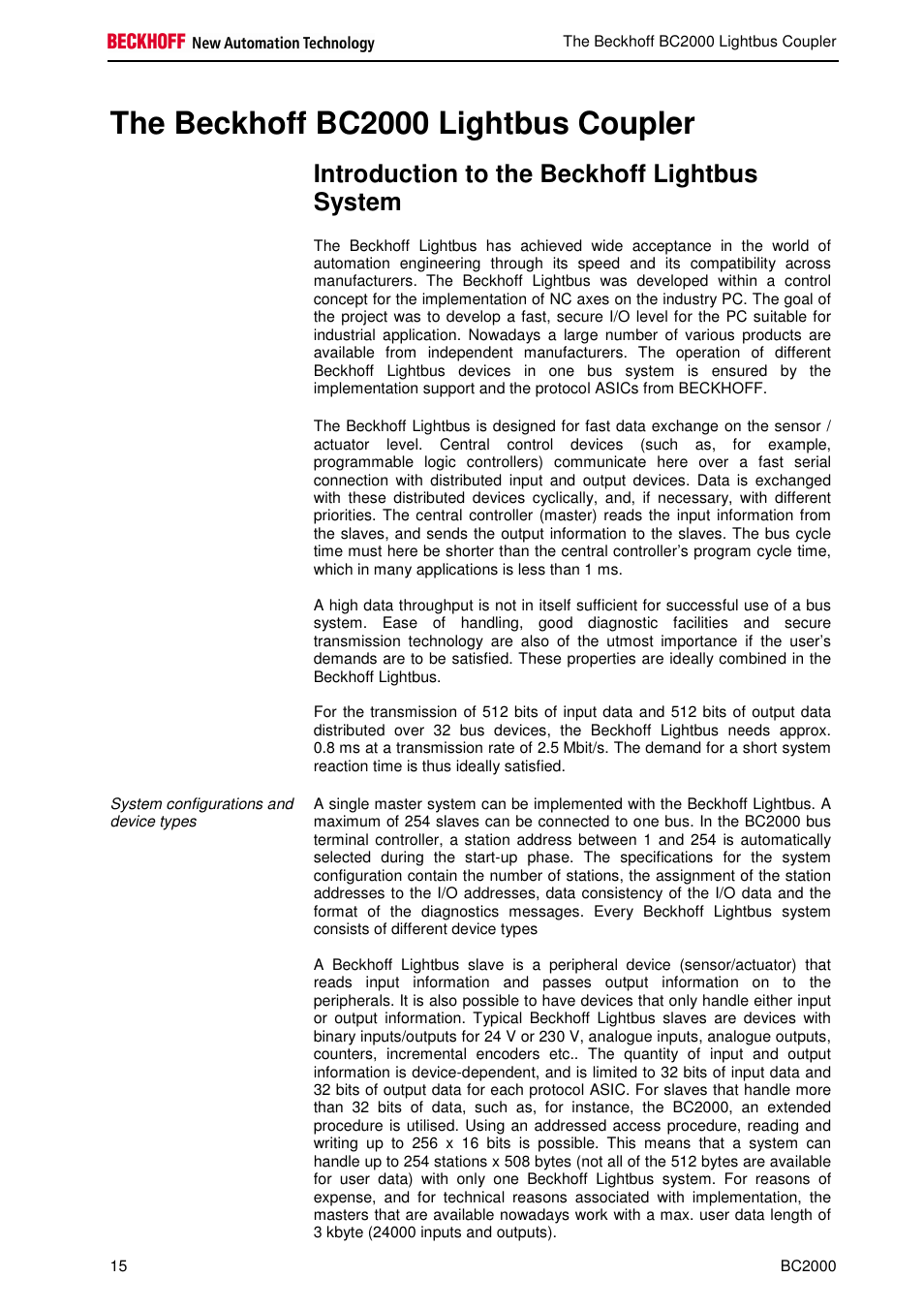 The beckhoff bc2000 lightbus coupler, Introduction to the beckhoff lightbus system | BECKHOFF BC2000 User Manual | Page 16 / 28