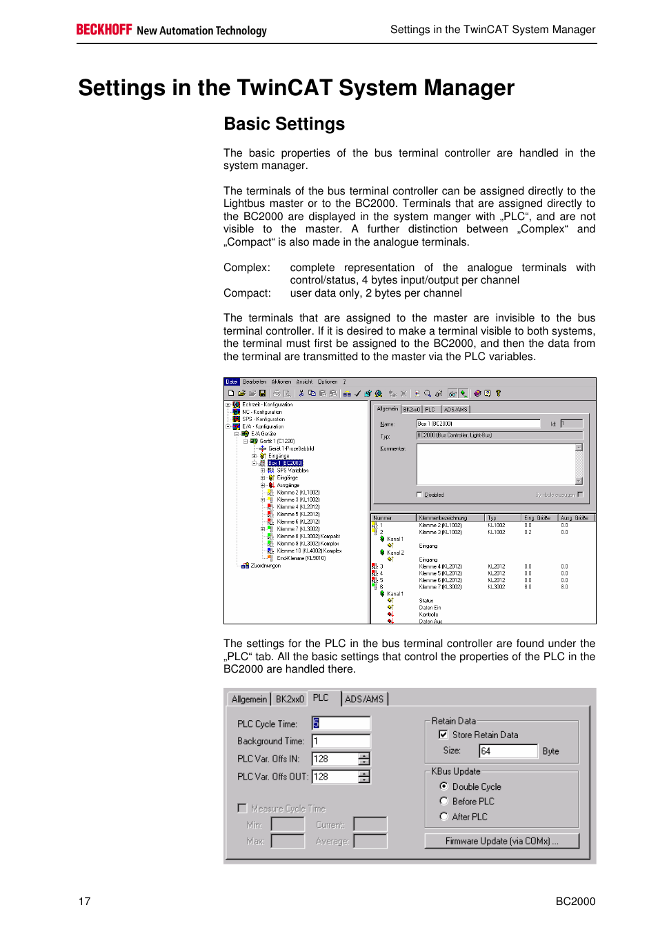 Settings in the twincat system manager, Basic settings | BECKHOFF BC2000 User Manual | Page 18 / 28