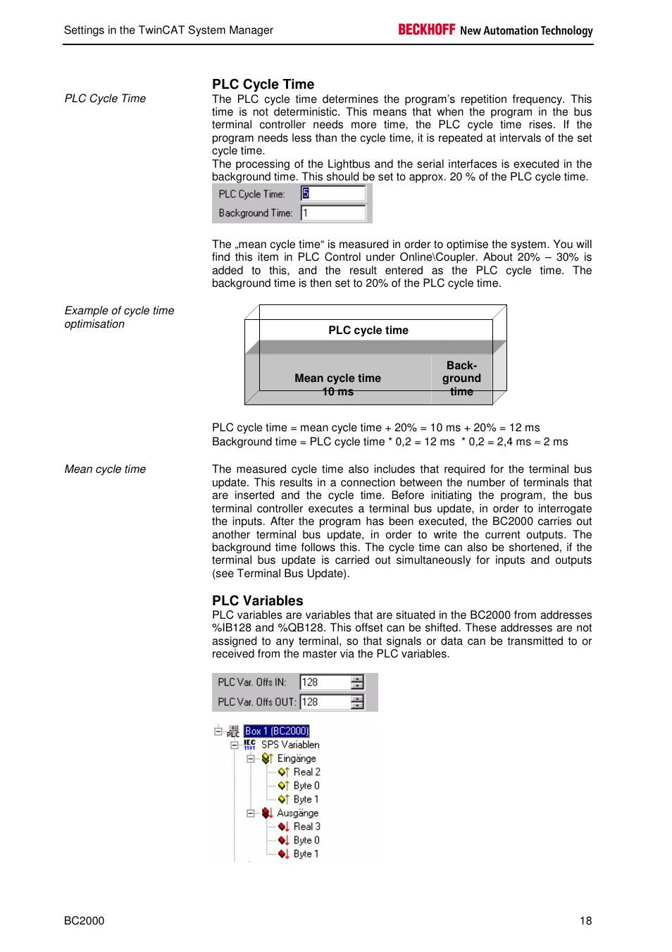Plc cycle time, Plc variables | BECKHOFF BC2000 User Manual | Page 19 / 28