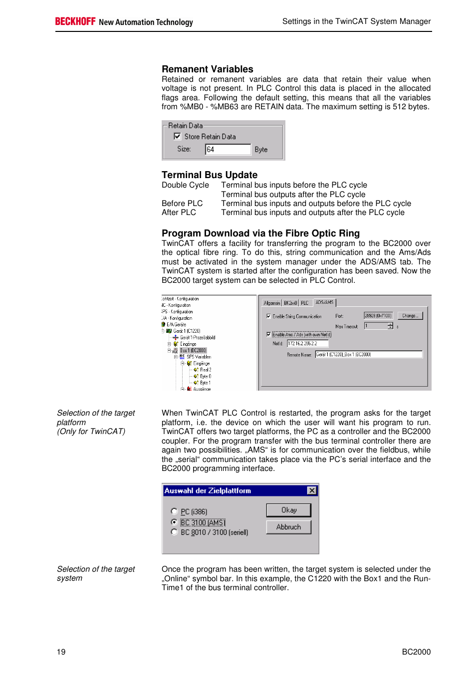 Remanent variables, Terminal bus update, Program download via the fibre optic ring | BECKHOFF BC2000 User Manual | Page 20 / 28