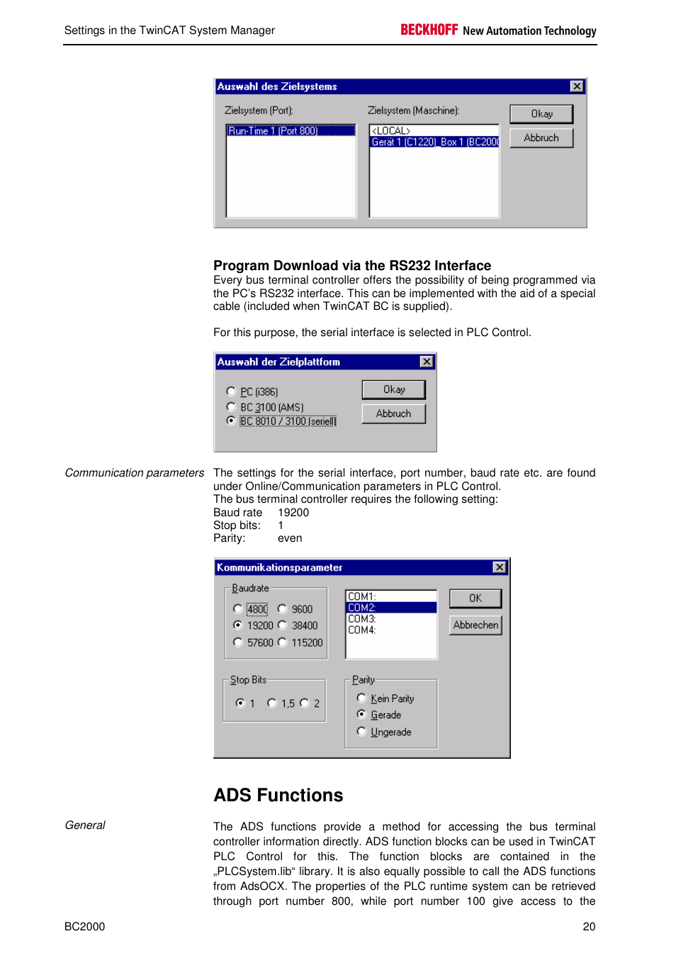 Ads functions, Program download via the rs232 interface | BECKHOFF BC2000 User Manual | Page 21 / 28