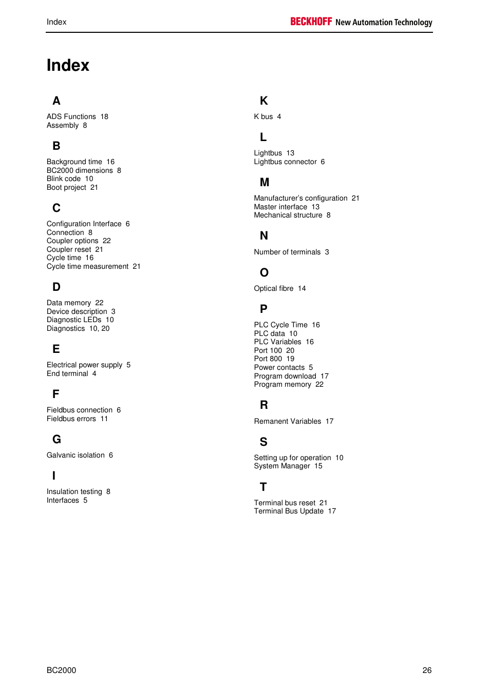 Index | BECKHOFF BC2000 User Manual | Page 27 / 28