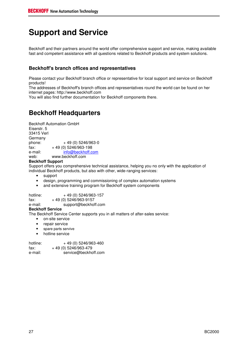 Support and service, Beckhoff headquarters, Beckhoff's branch offices and representatives | BECKHOFF BC2000 User Manual | Page 28 / 28