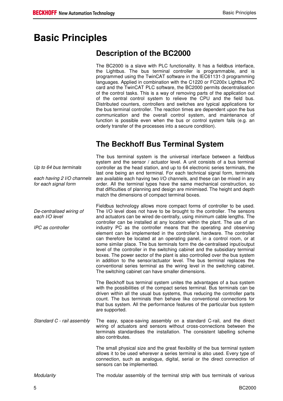 Basic principles, Description of the bc2000, The beckhoff bus terminal system | BECKHOFF BC2000 User Manual | Page 6 / 28