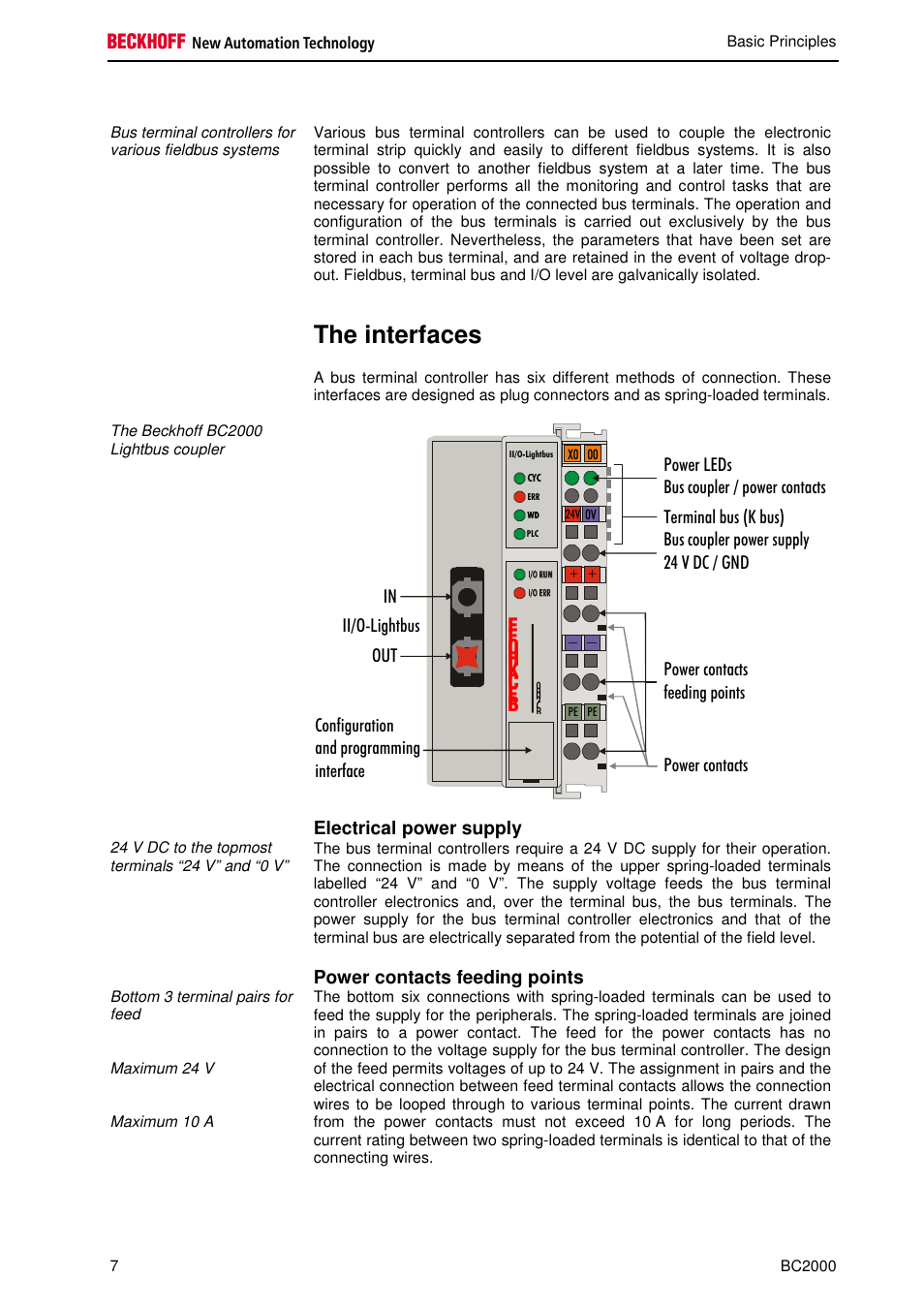 The interfaces, Electrical power supply, Power contacts feeding points | BECKHOFF BC2000 User Manual | Page 8 / 28