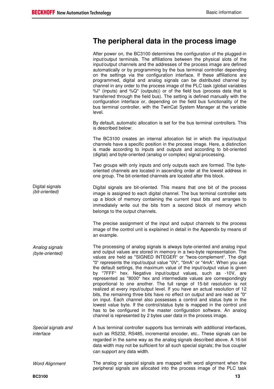 The peripheral data in the process image | BECKHOFF BC3100 User Manual | Page 13 / 51