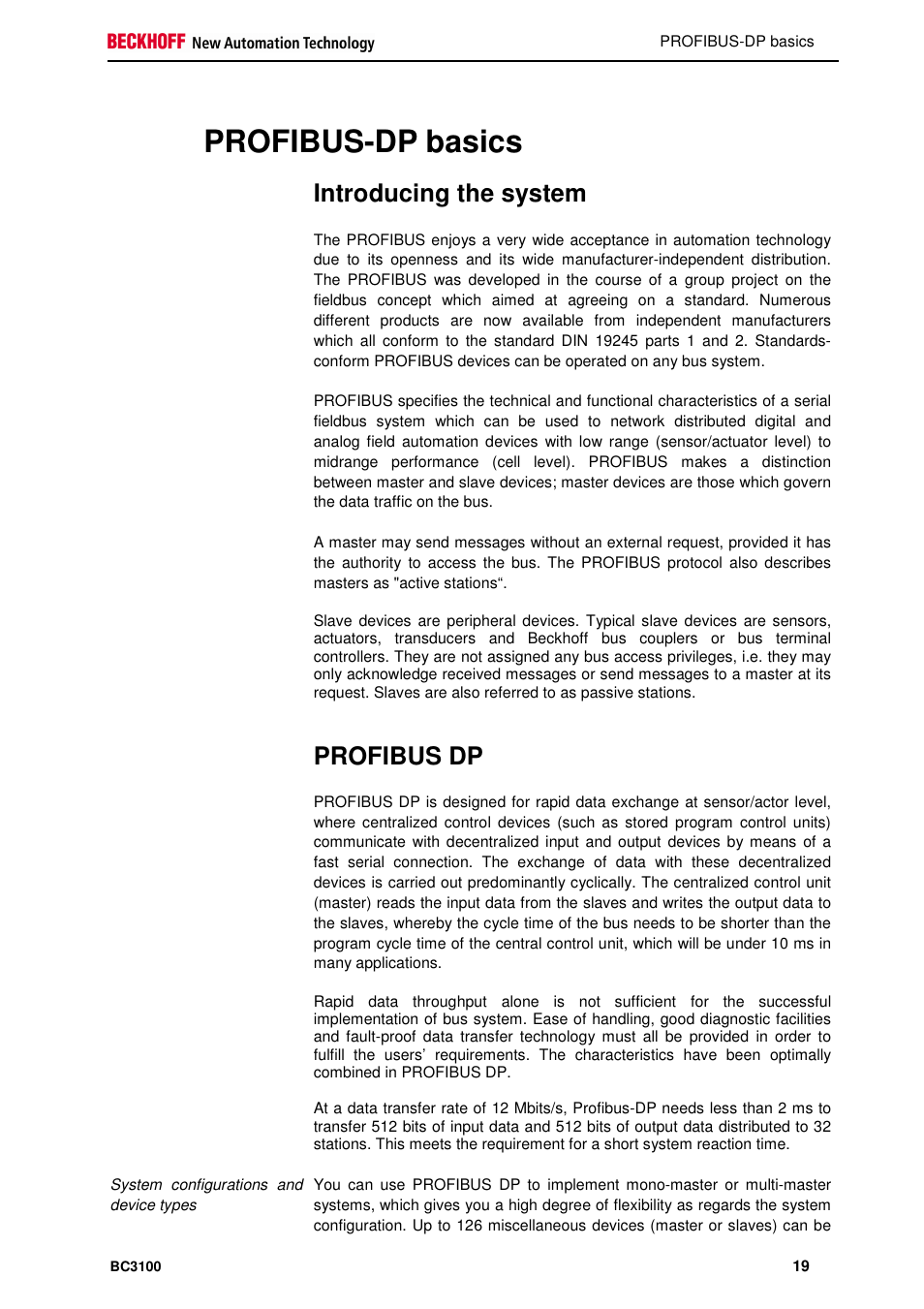 Profibus-dp basics, Introducing the system, Profibus dp | BECKHOFF BC3100 User Manual | Page 19 / 51