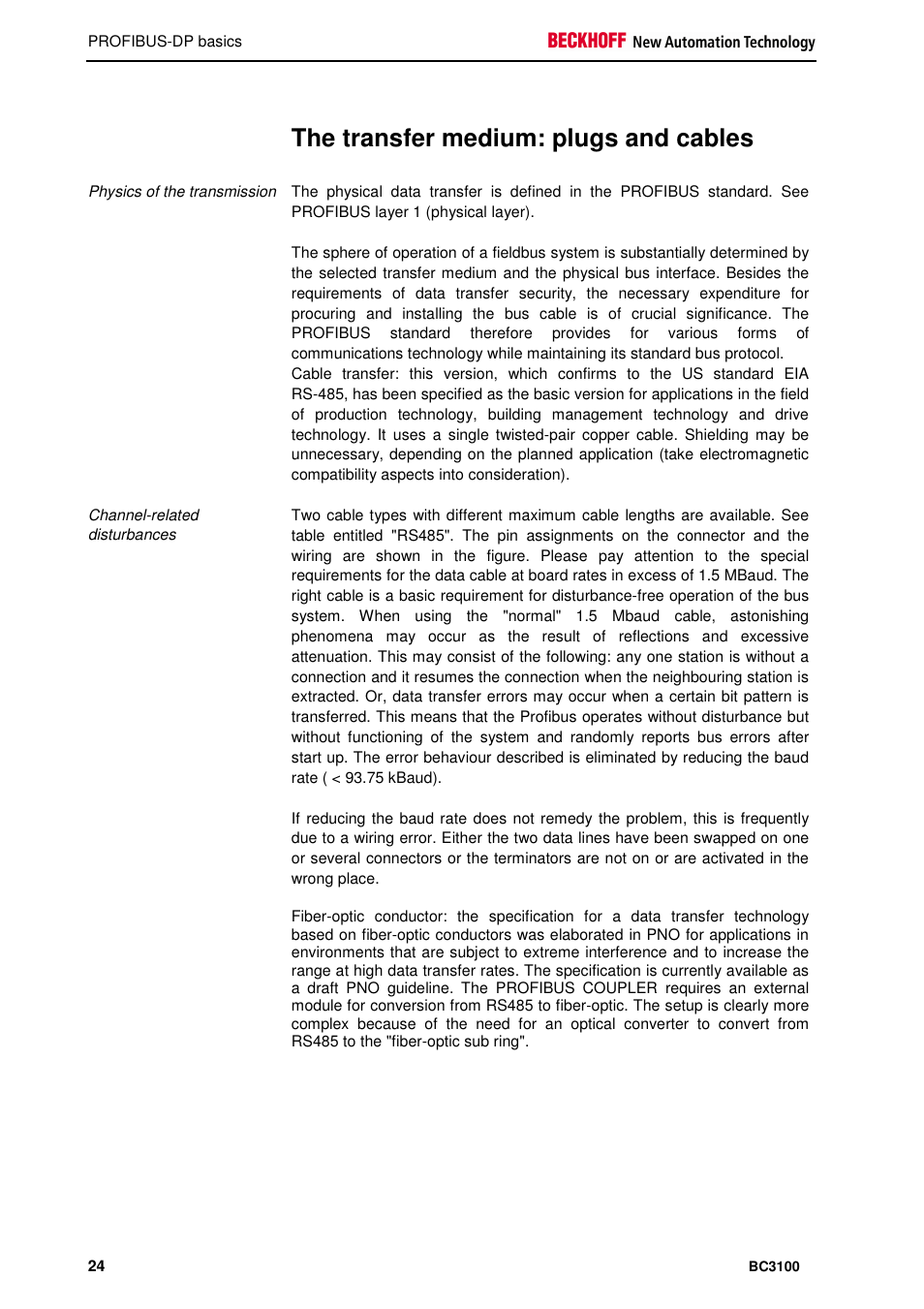 The transfer medium: plugs and cables | BECKHOFF BC3100 User Manual | Page 24 / 51