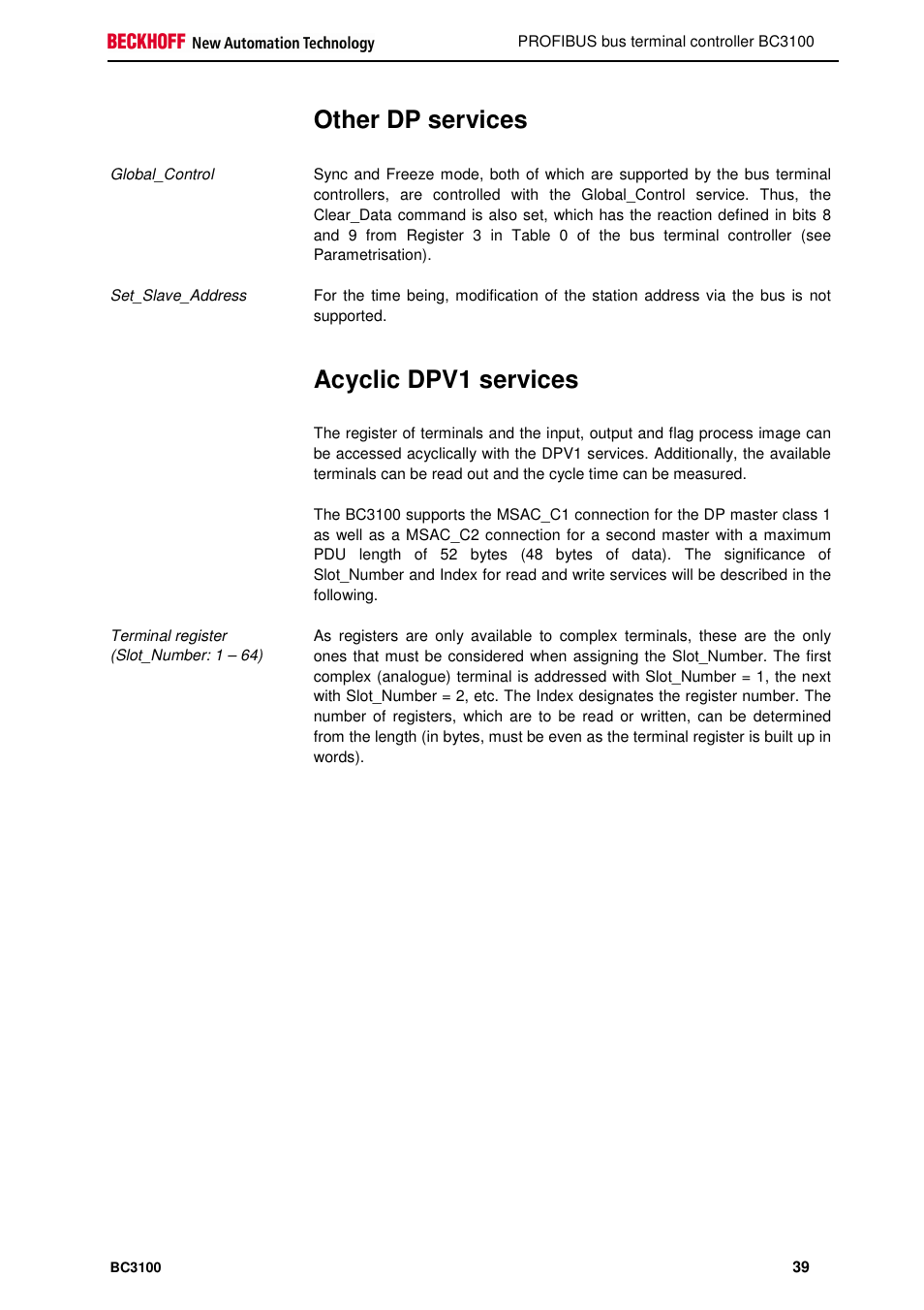 Other dp services, Acyclic dpv1 services | BECKHOFF BC3100 User Manual | Page 39 / 51