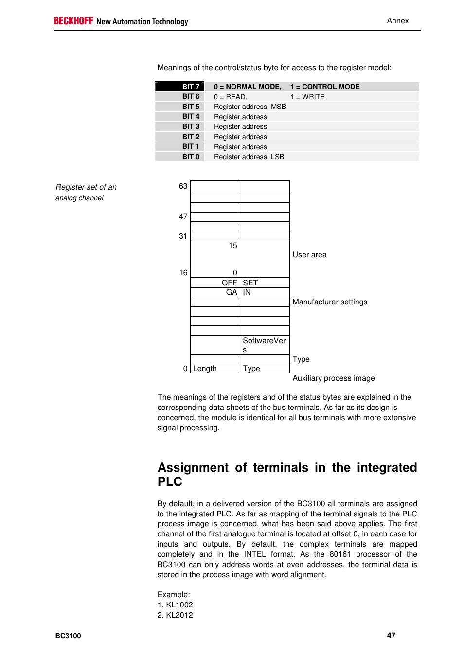 Assignment of terminals in the integrated plc | BECKHOFF BC3100 User Manual | Page 47 / 51