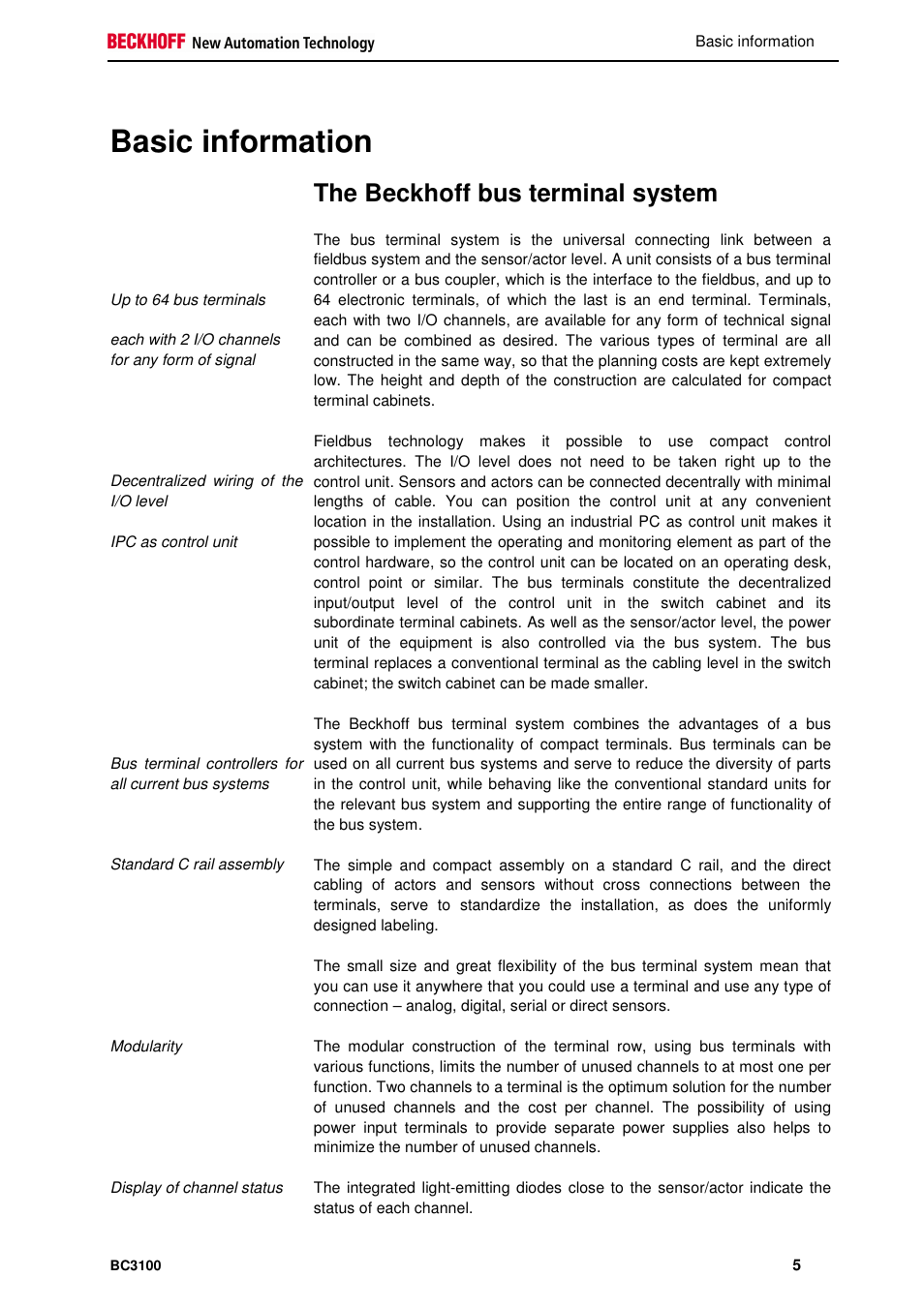 Basic information, The beckhoff bus terminal system | BECKHOFF BC3100 User Manual | Page 5 / 51