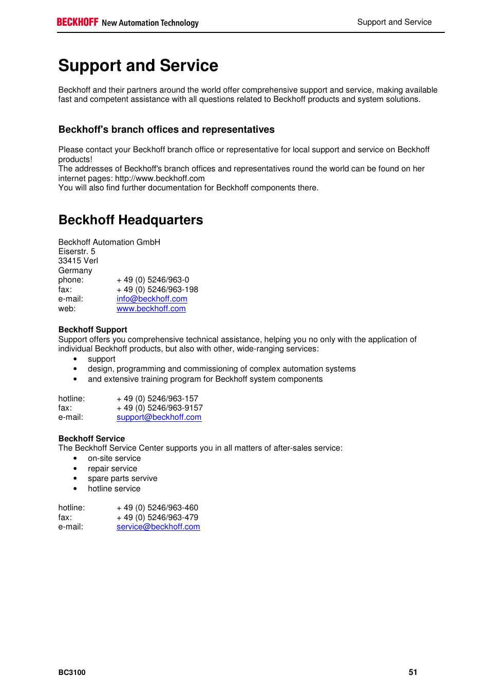 Support and service, Beckhoff headquarters, Beckhoff's branch offices and representatives | BECKHOFF BC3100 User Manual | Page 51 / 51