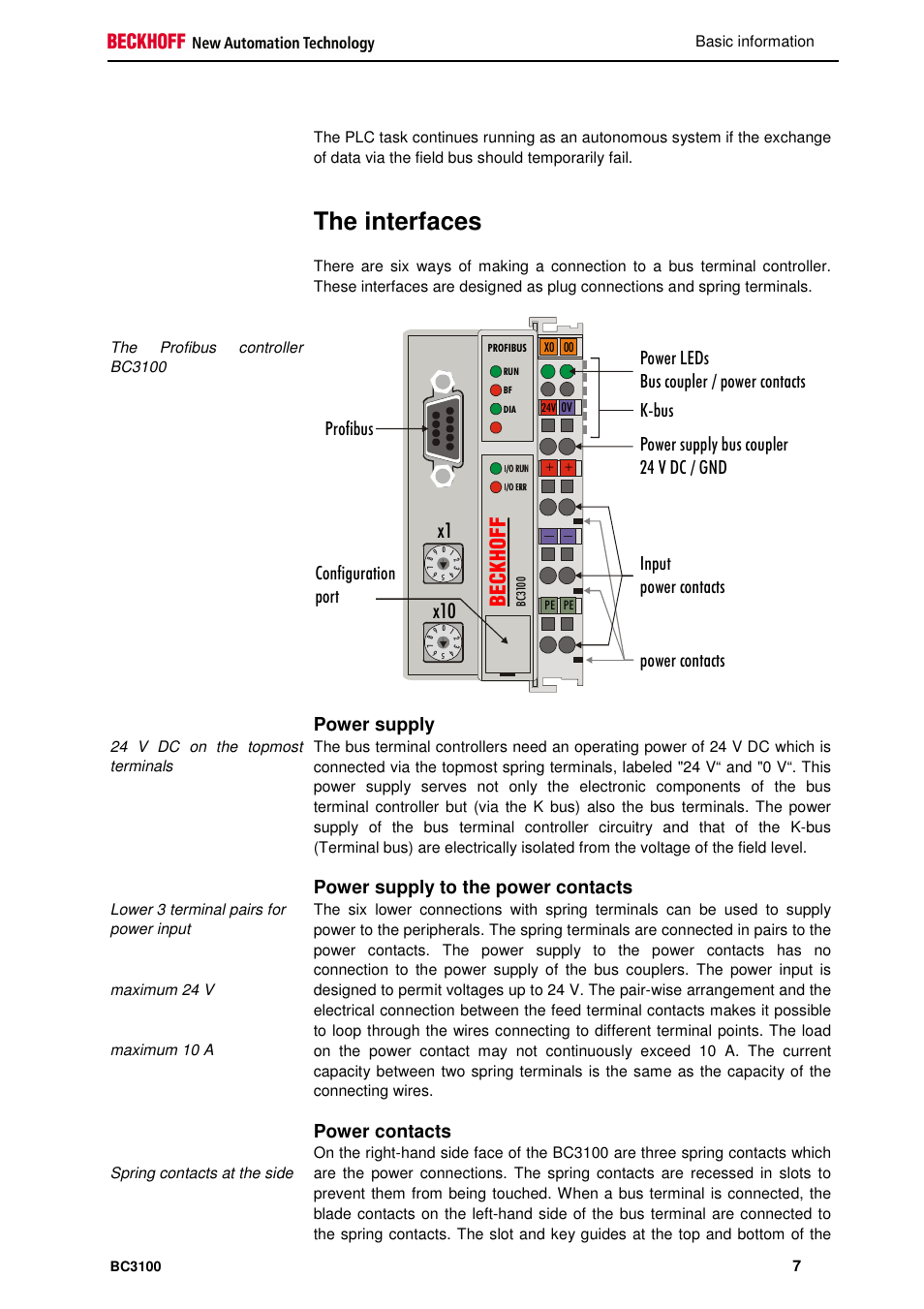 The interfaces, X1 x10, Power supply | Power supply to the power contacts, Power contacts | BECKHOFF BC3100 User Manual | Page 7 / 51