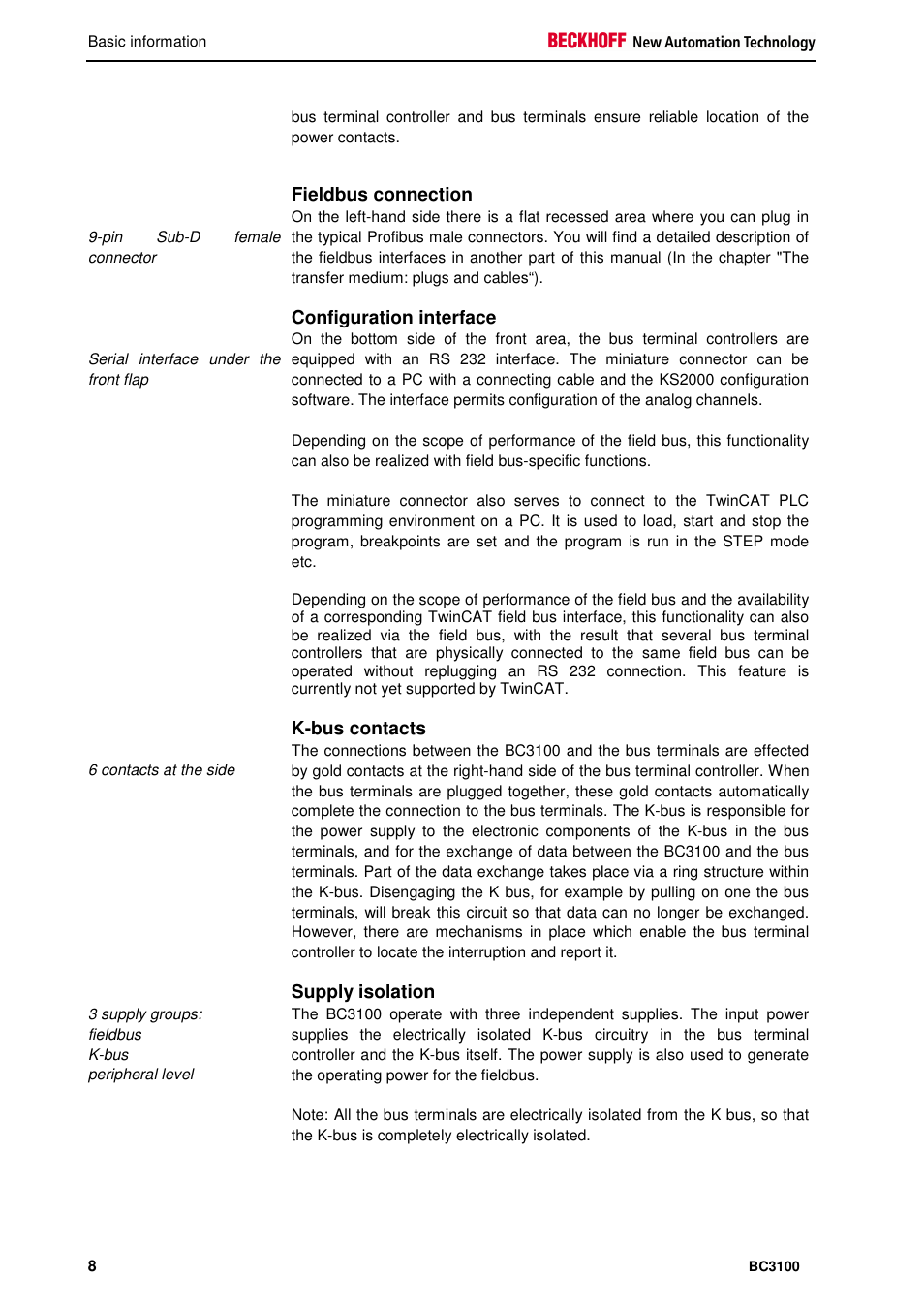 Fieldbus connection, Configuration interface, K-bus contacts | Supply isolation | BECKHOFF BC3100 User Manual | Page 8 / 51
