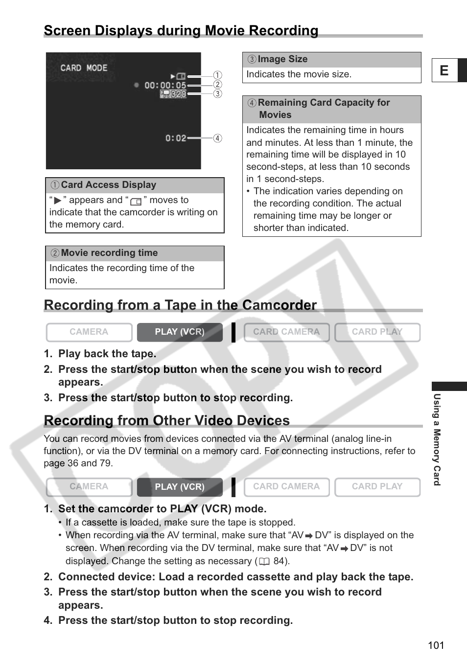 Recording from other video devices | Canon ELURA 85 User Manual | Page 101 / 160