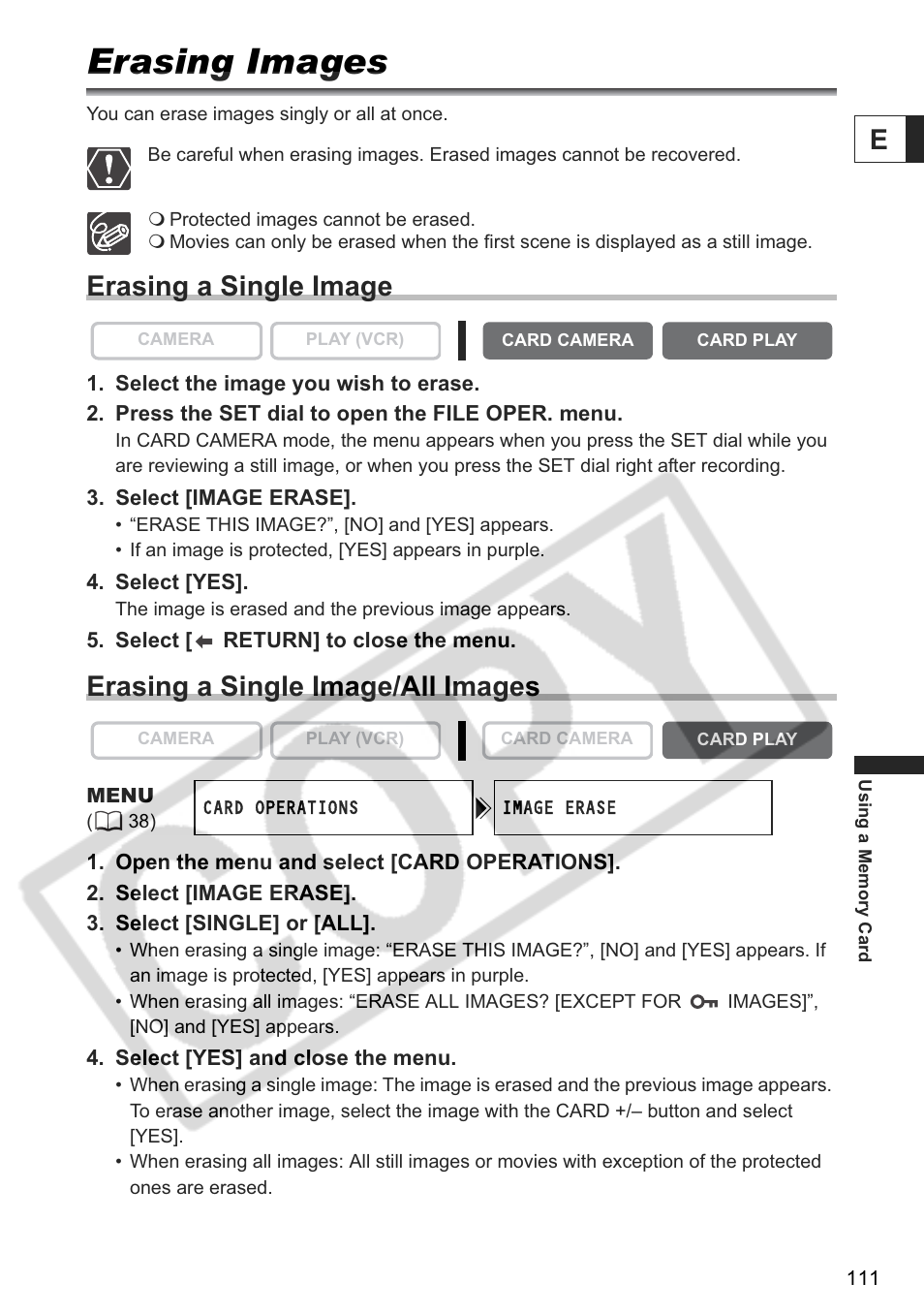 Erasing images, Erasing a single image, Erasing a single image/all images | Canon ELURA 85 User Manual | Page 111 / 160