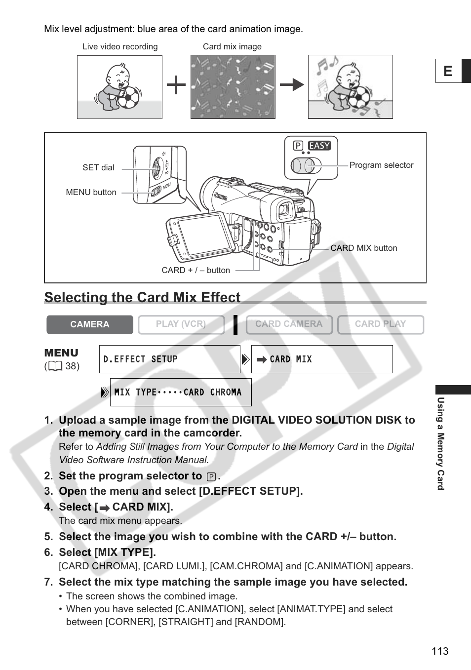 Selecting the card mix effect | Canon ELURA 85 User Manual | Page 113 / 160