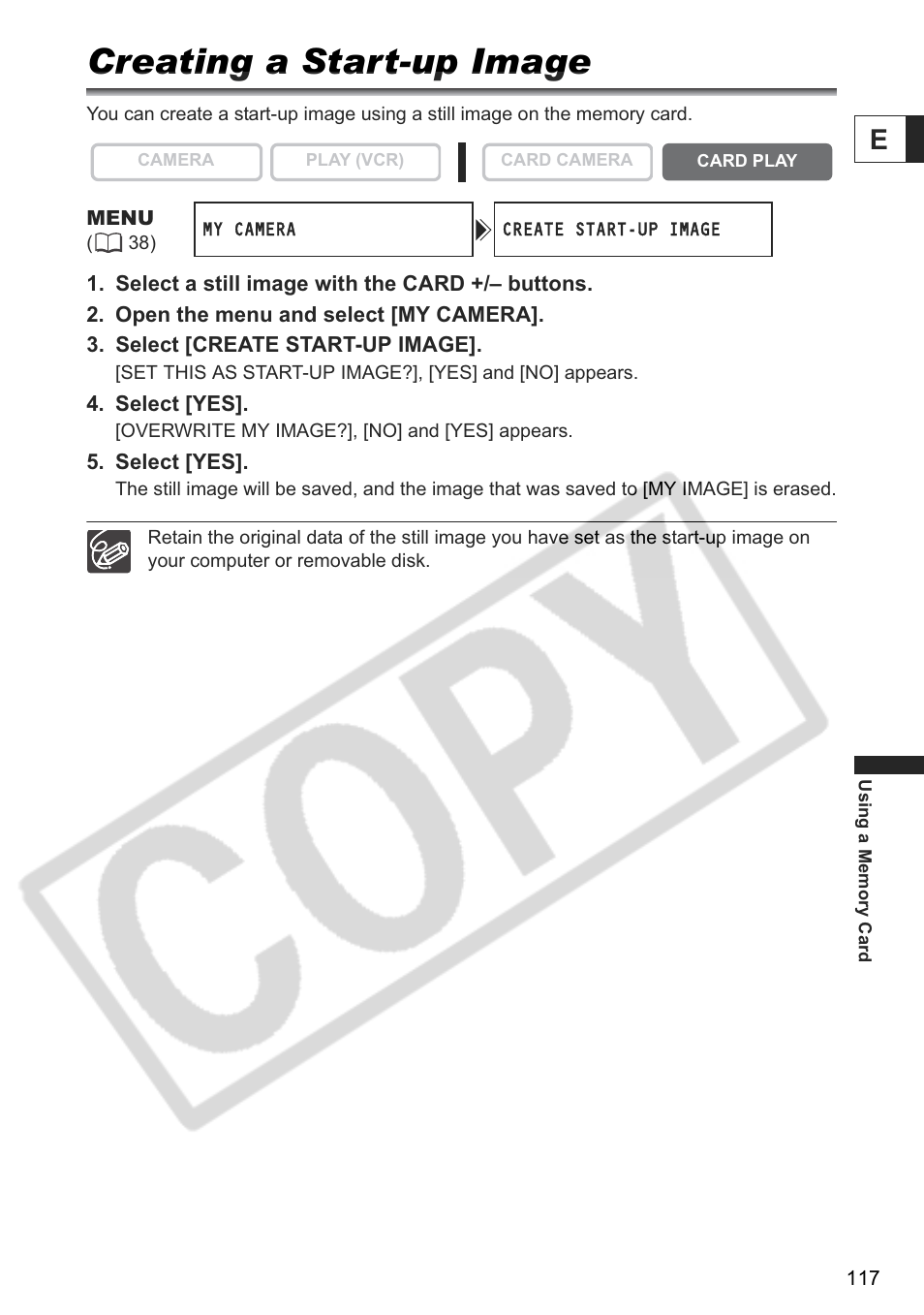 Creating a start-up image | Canon ELURA 85 User Manual | Page 117 / 160