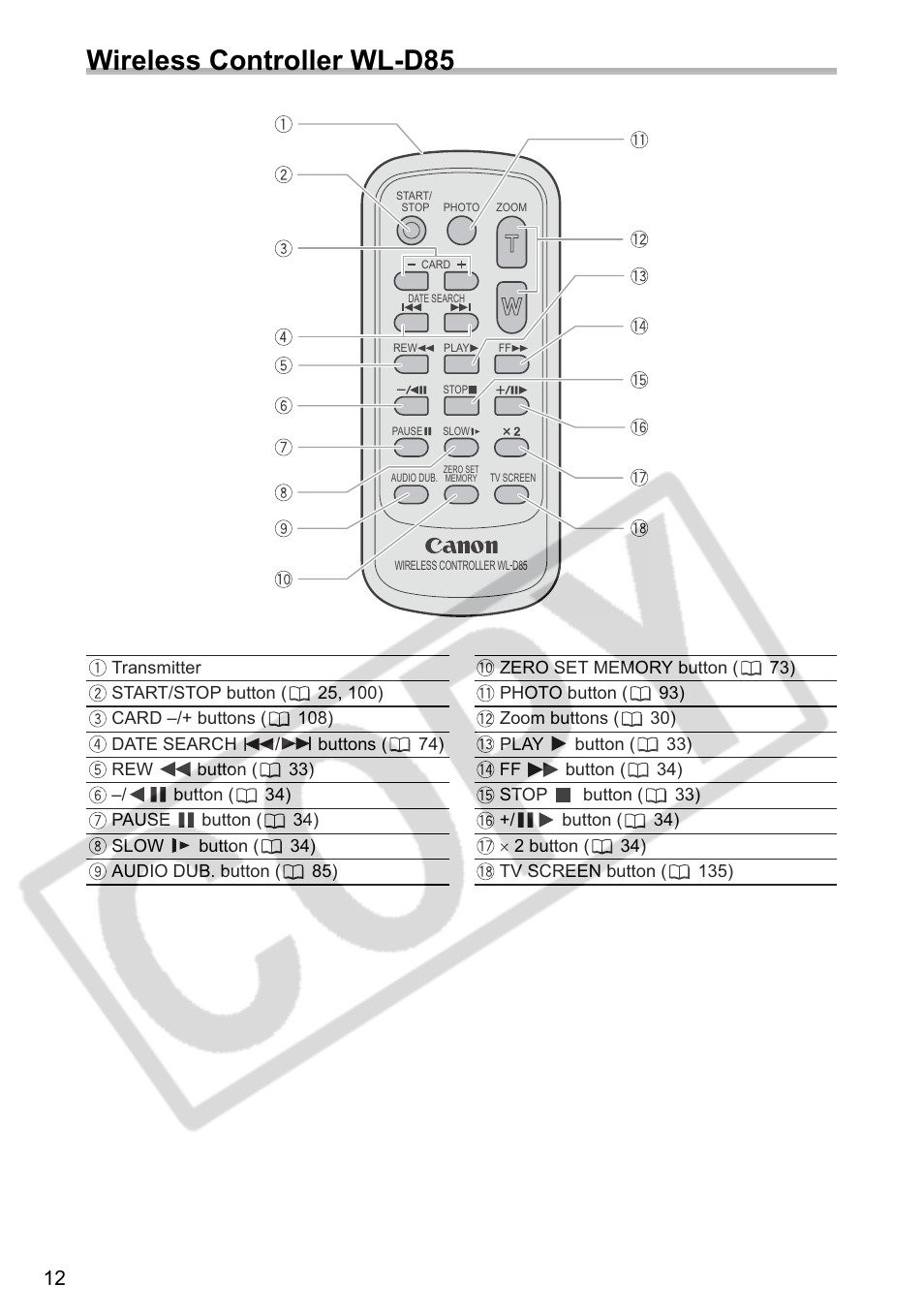 Wireless controller wl-d85 | Canon ELURA 85 User Manual | Page 12 / 160