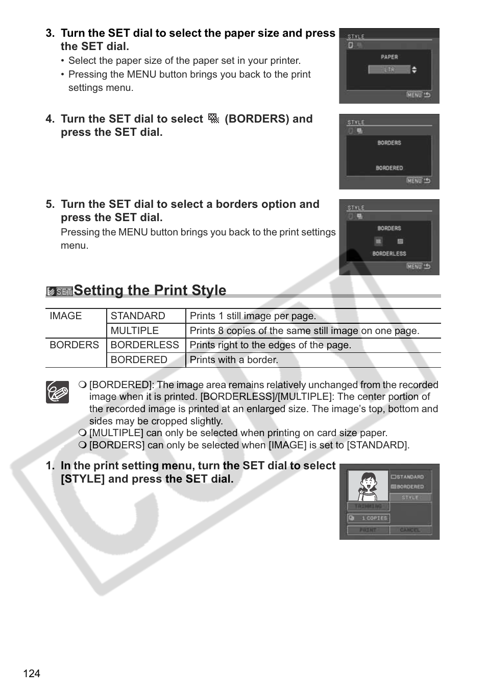 Setting the print style | Canon ELURA 85 User Manual | Page 124 / 160