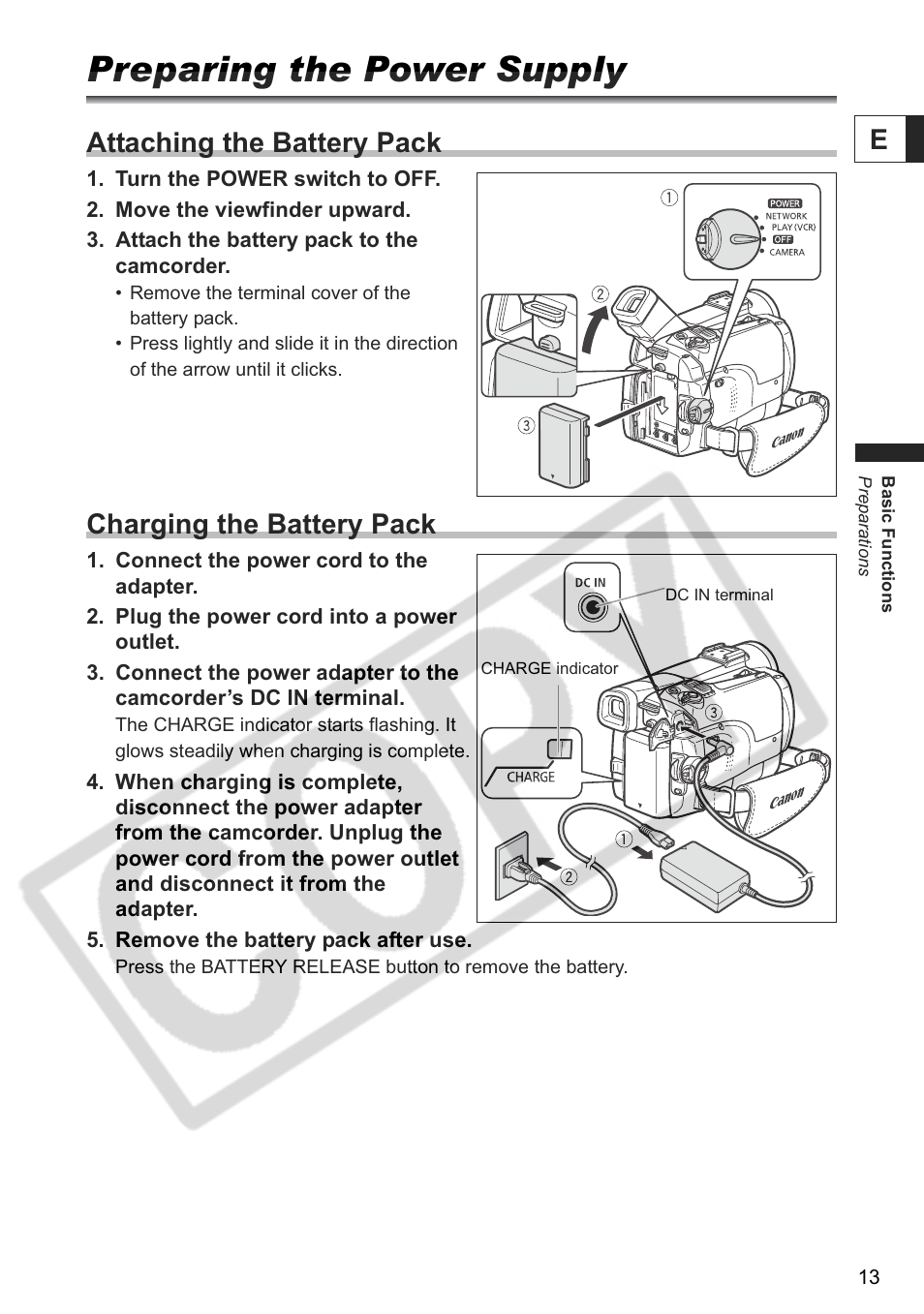 Preparing the power supply, Attaching the battery pack, Charging the battery pack | Canon ELURA 85 User Manual | Page 13 / 160