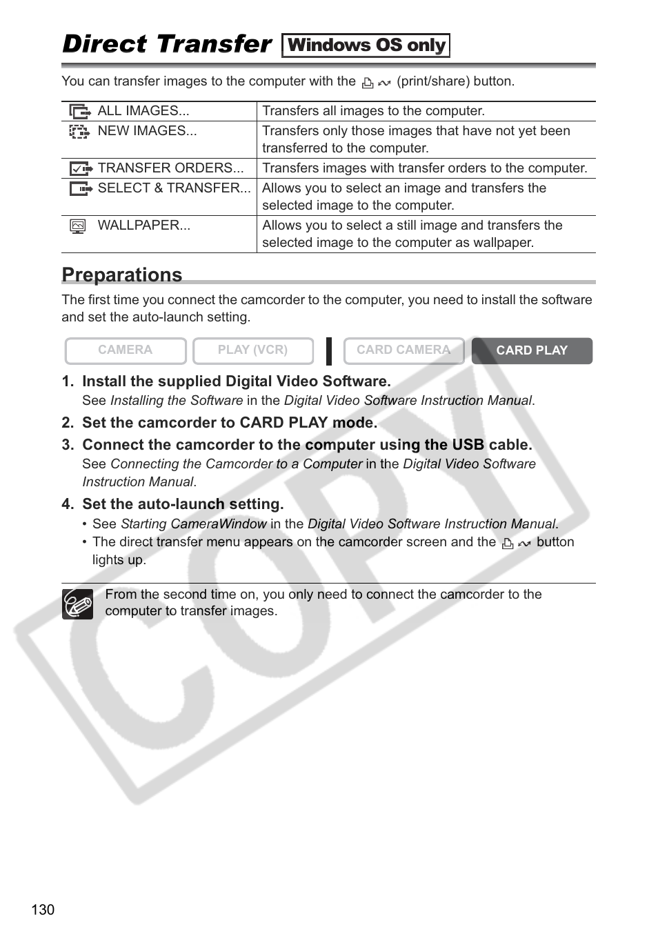 Direct transfer, Preparations, Windows os only | Canon ELURA 85 User Manual | Page 130 / 160