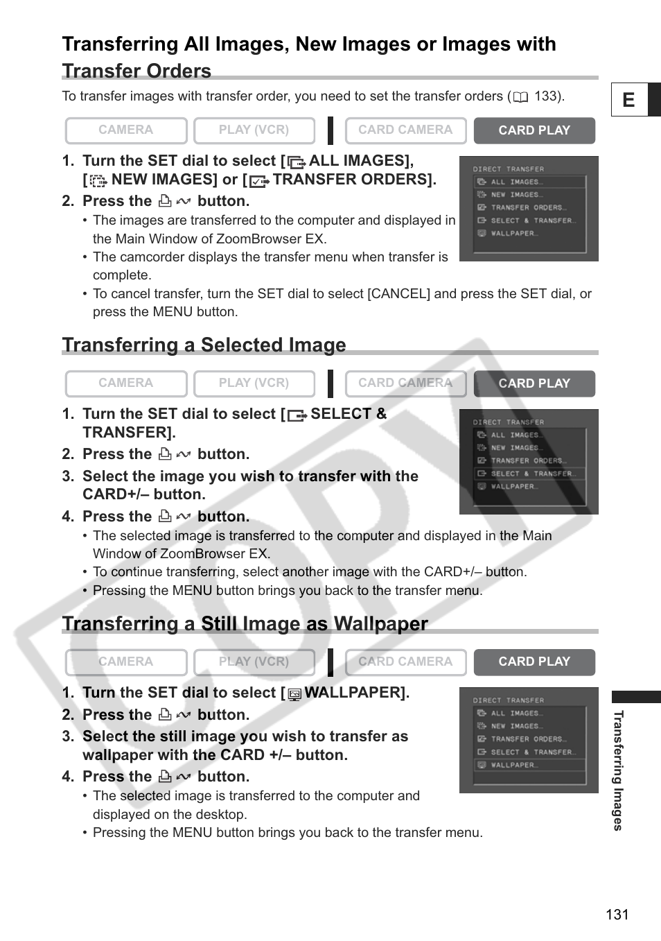 Transferring a selected image, Transferring a still image as wallpaper | Canon ELURA 85 User Manual | Page 131 / 160