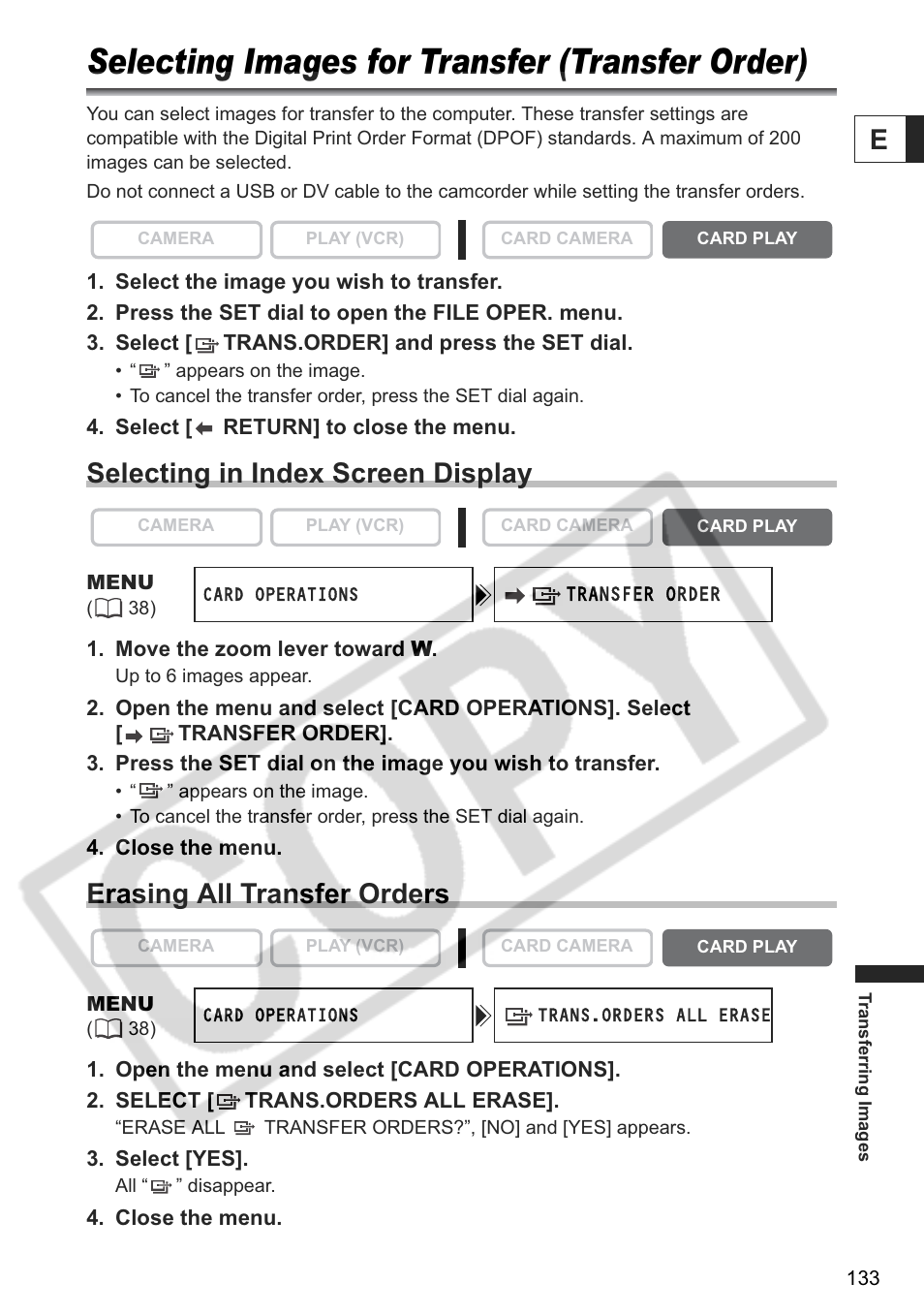 Selecting images for transfer (transfer order), Selecting in index screen display, Erasing all transfer orders | Canon ELURA 85 User Manual | Page 133 / 160